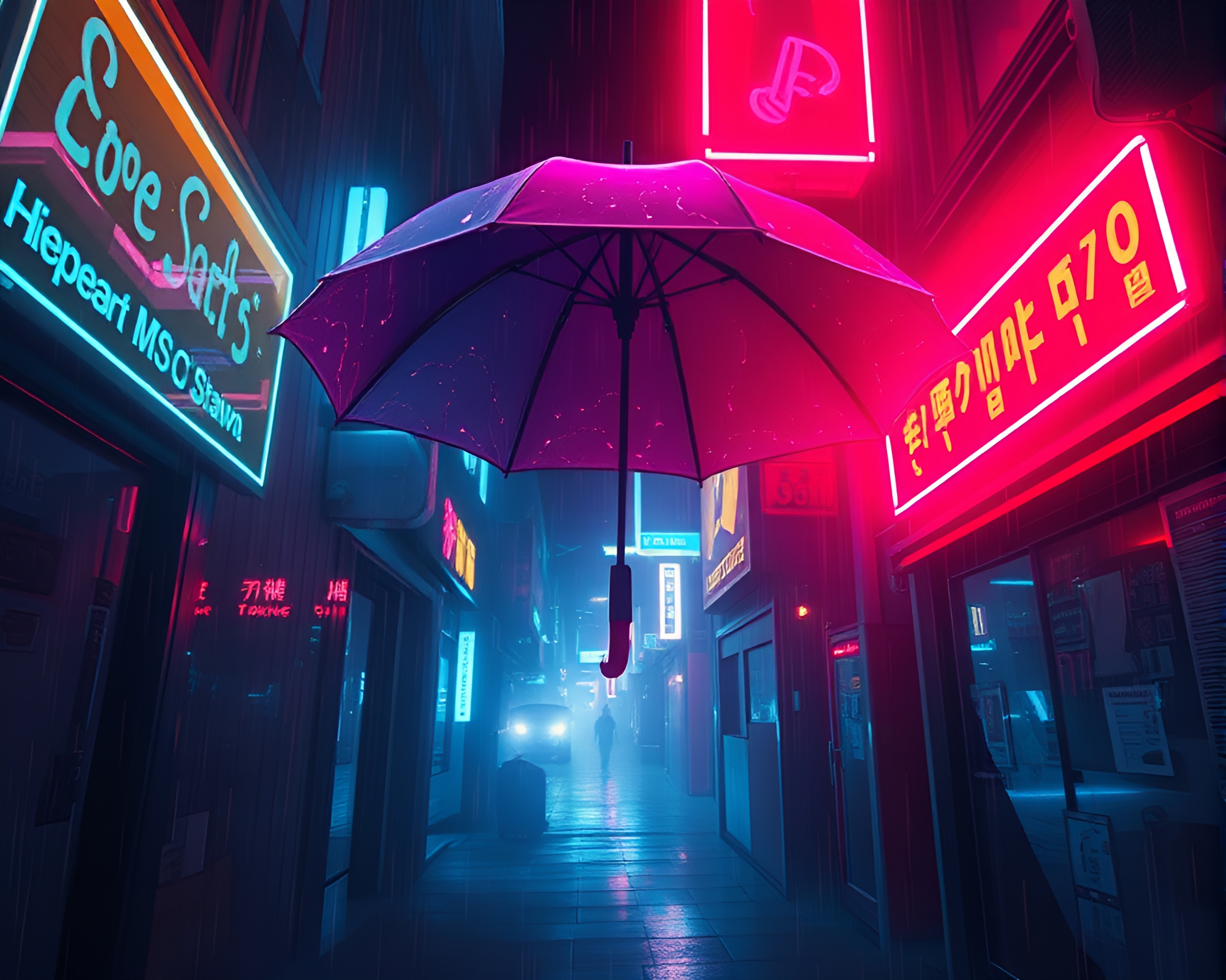 Neon Umbrella in Cyberpunk Cityscape – free AI stock image
