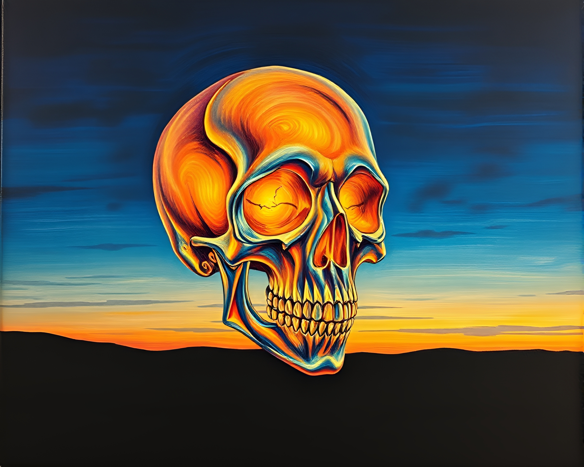 Glowing twilight crystal skull in striped illusion landscape – free AI stock image