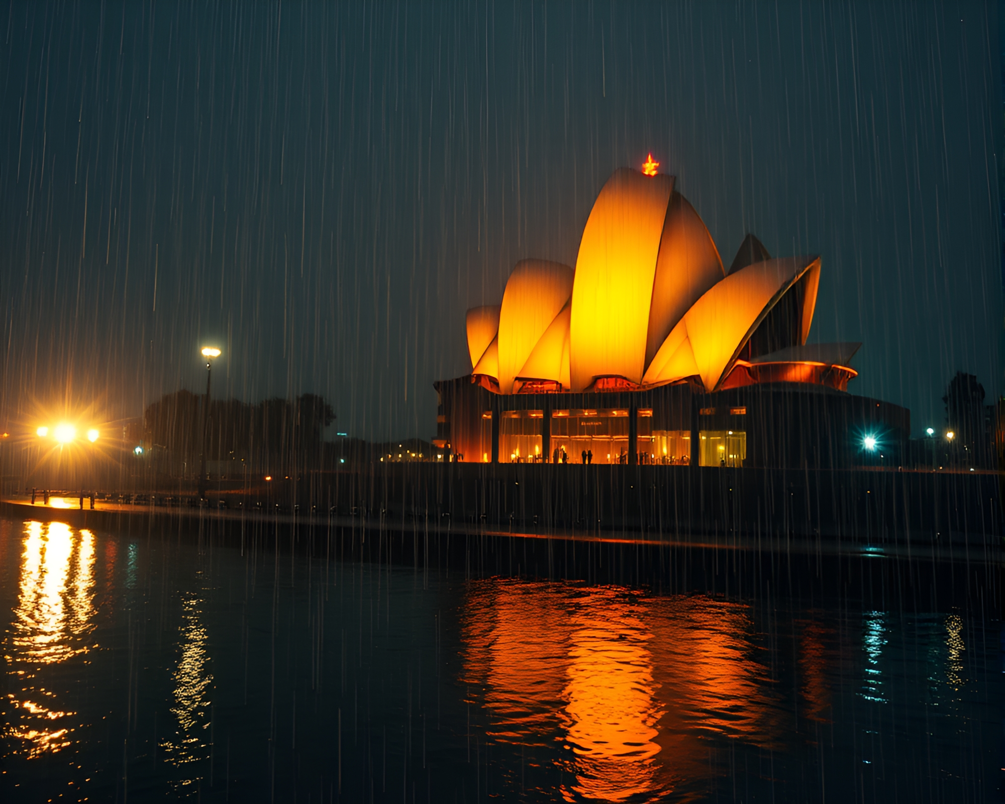 Glitch Oasis: Rain Droplets in Opera-House Glow – free AI stock image