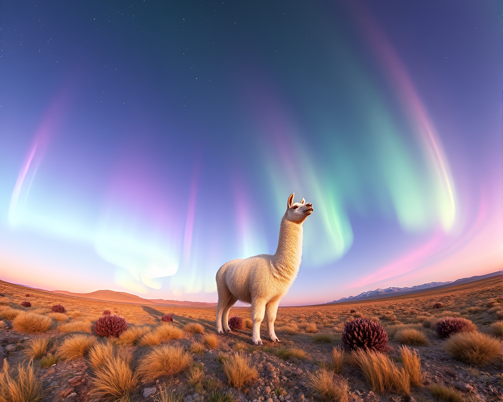 Aurora Llama in CGI Wide-Angle Landscape – free AI stock image