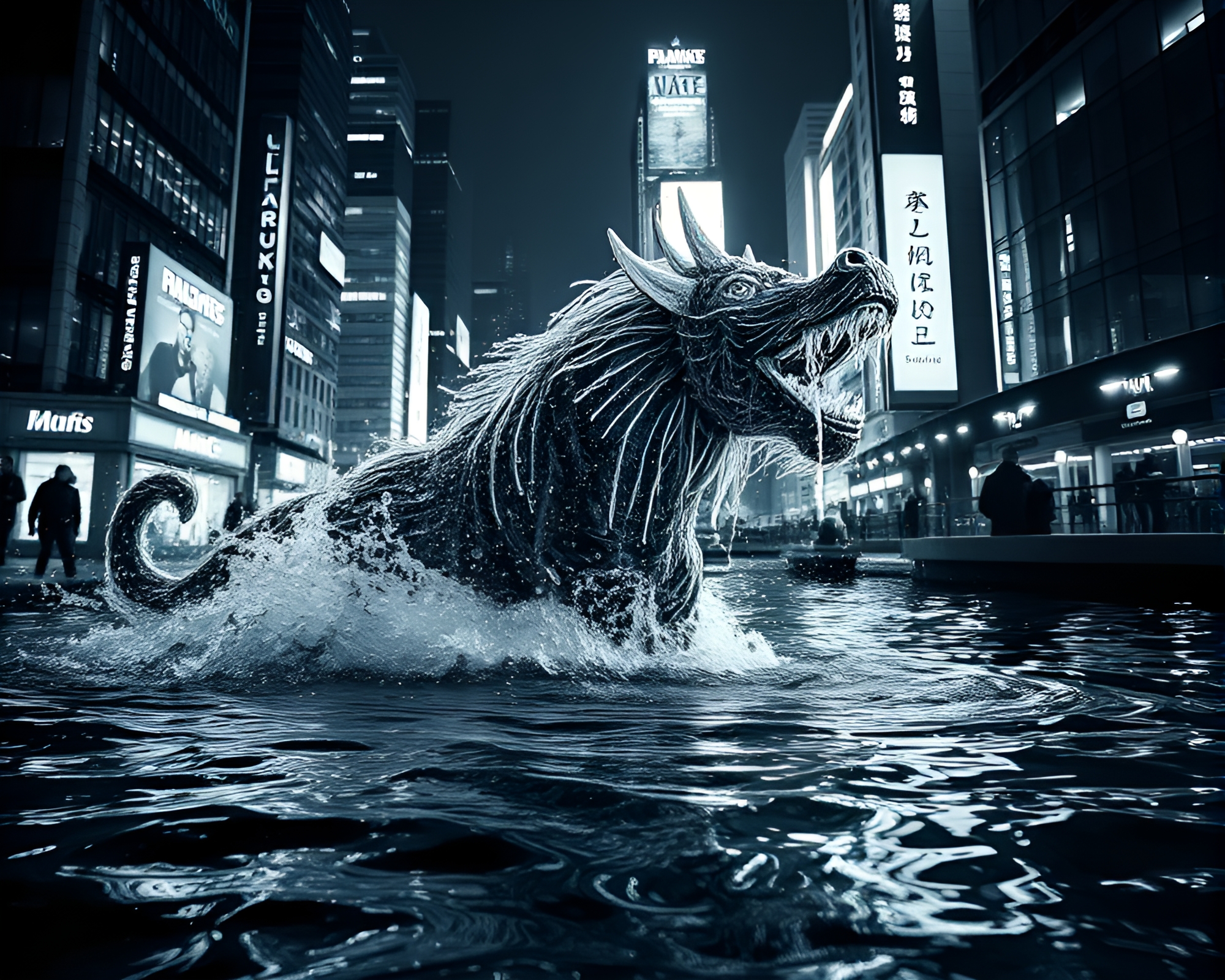 Neon Minotaur in Monochrome City Waterreflection – free AI stock image