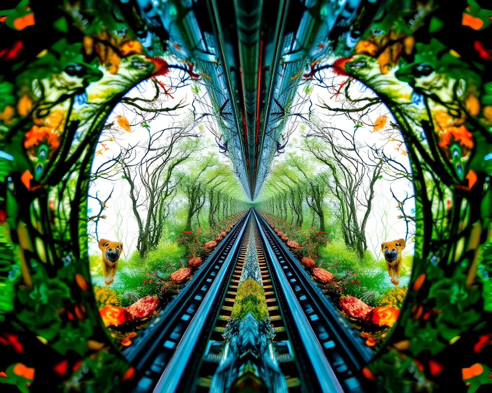 Colorful kaleidoscope effect on monorail and wildlife in watercolor