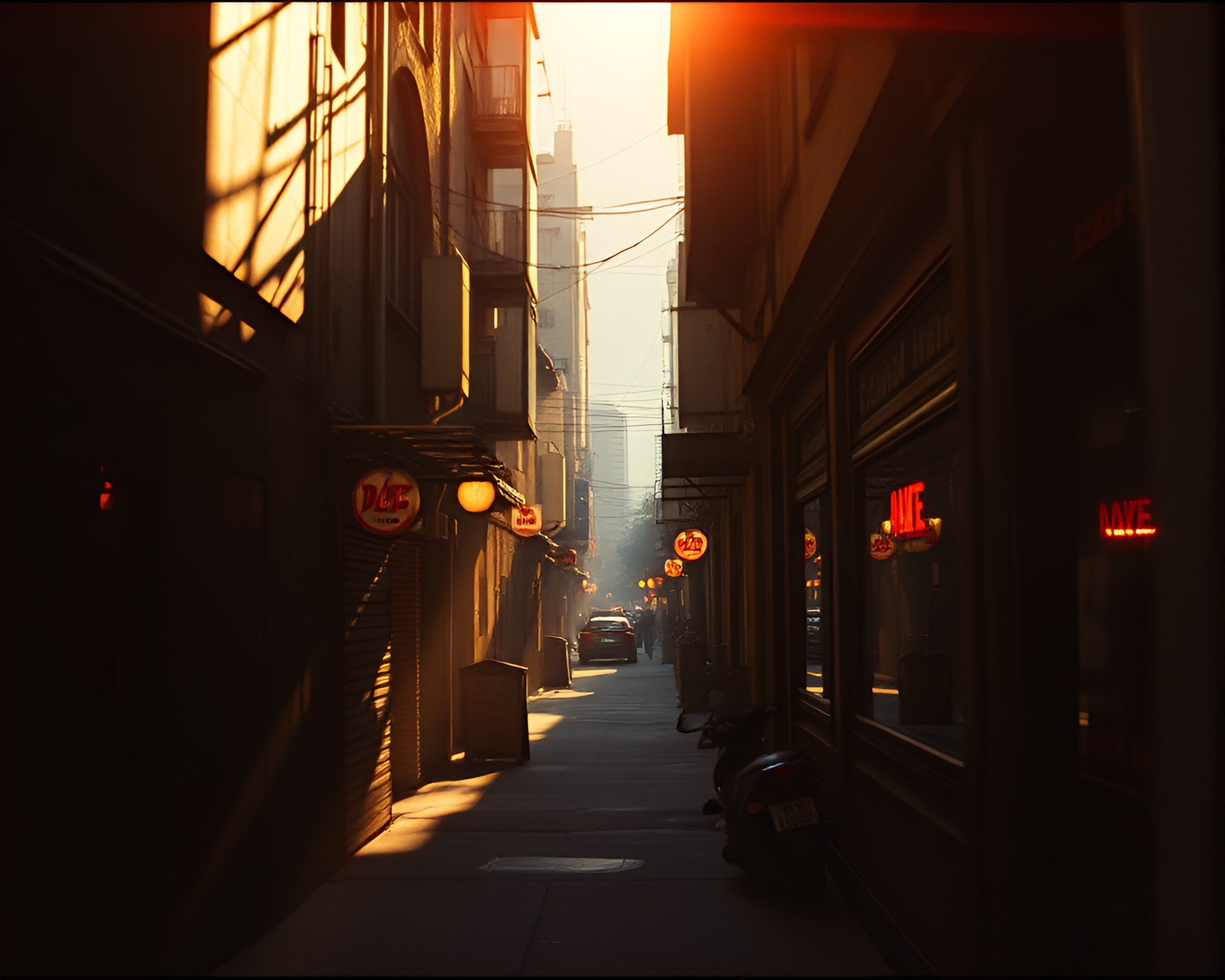 Cyberpunk Alley with Sunbeam Tilt-Shift Film Burn – free AI stock image