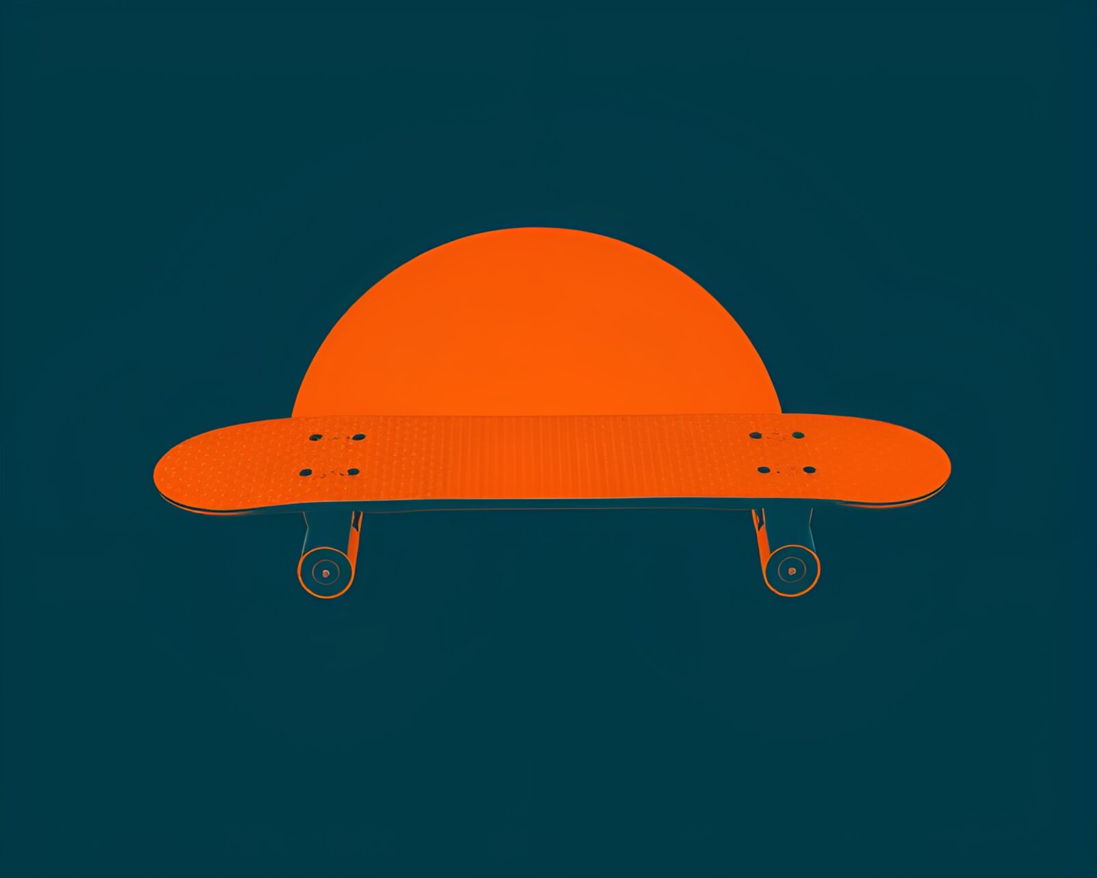 Vibrant screenprint dots skateboarder silhouette against warm burnt orange sky