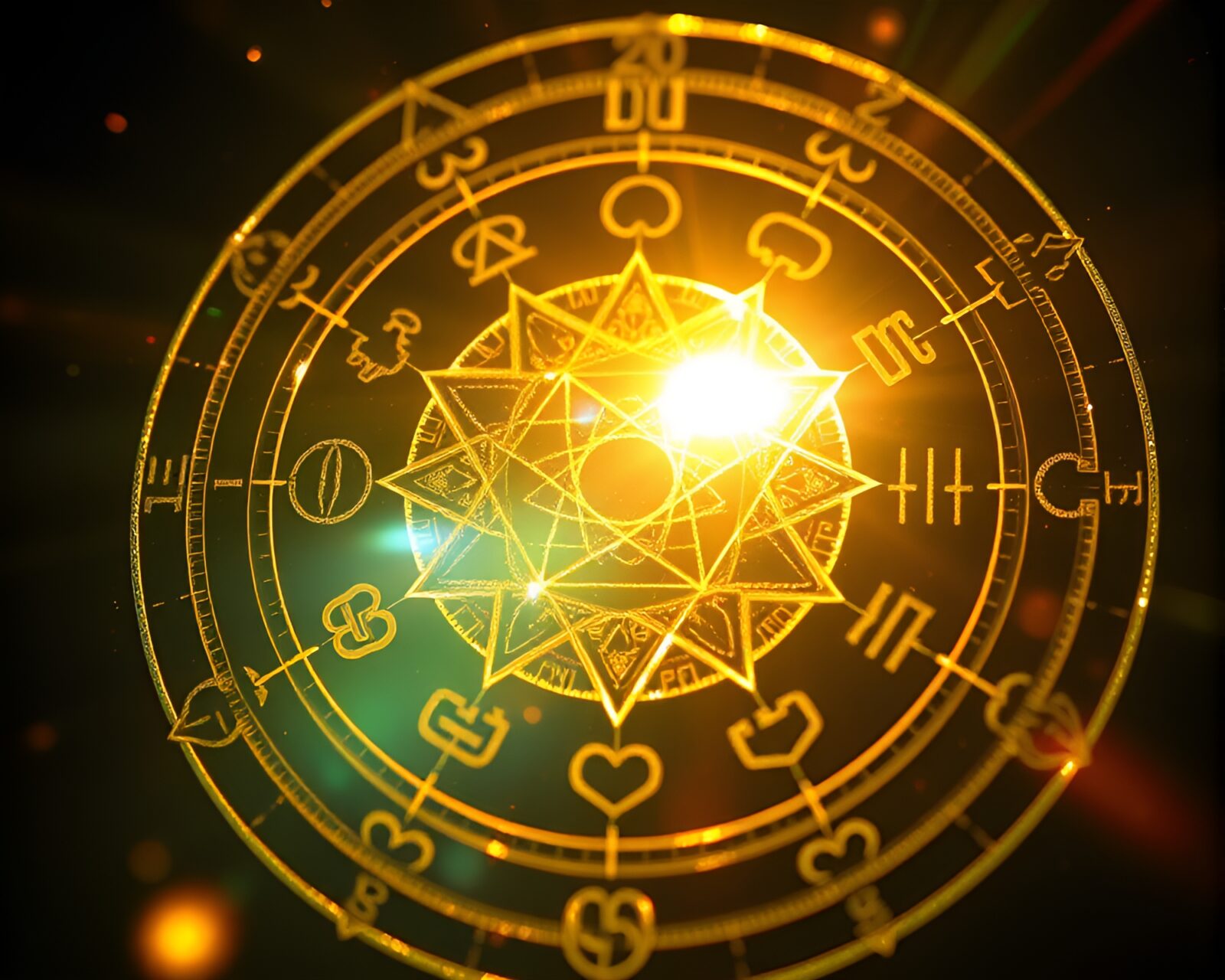 Hyper-realistic alchemical symbols shining in golden hour glow
