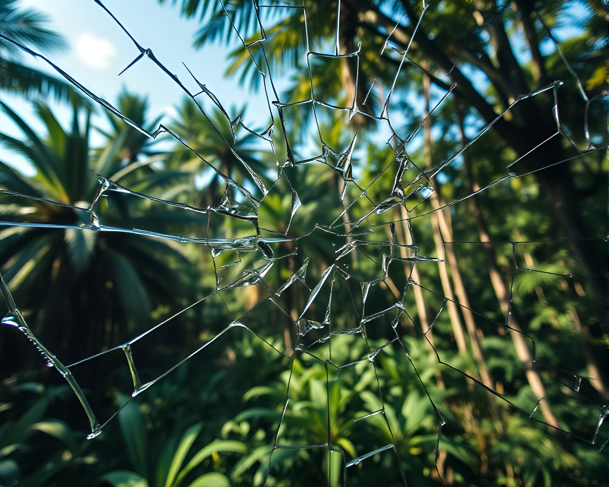 Time Dilation: Canopy Shadows in Broken Glass Reflection – free AI stock image