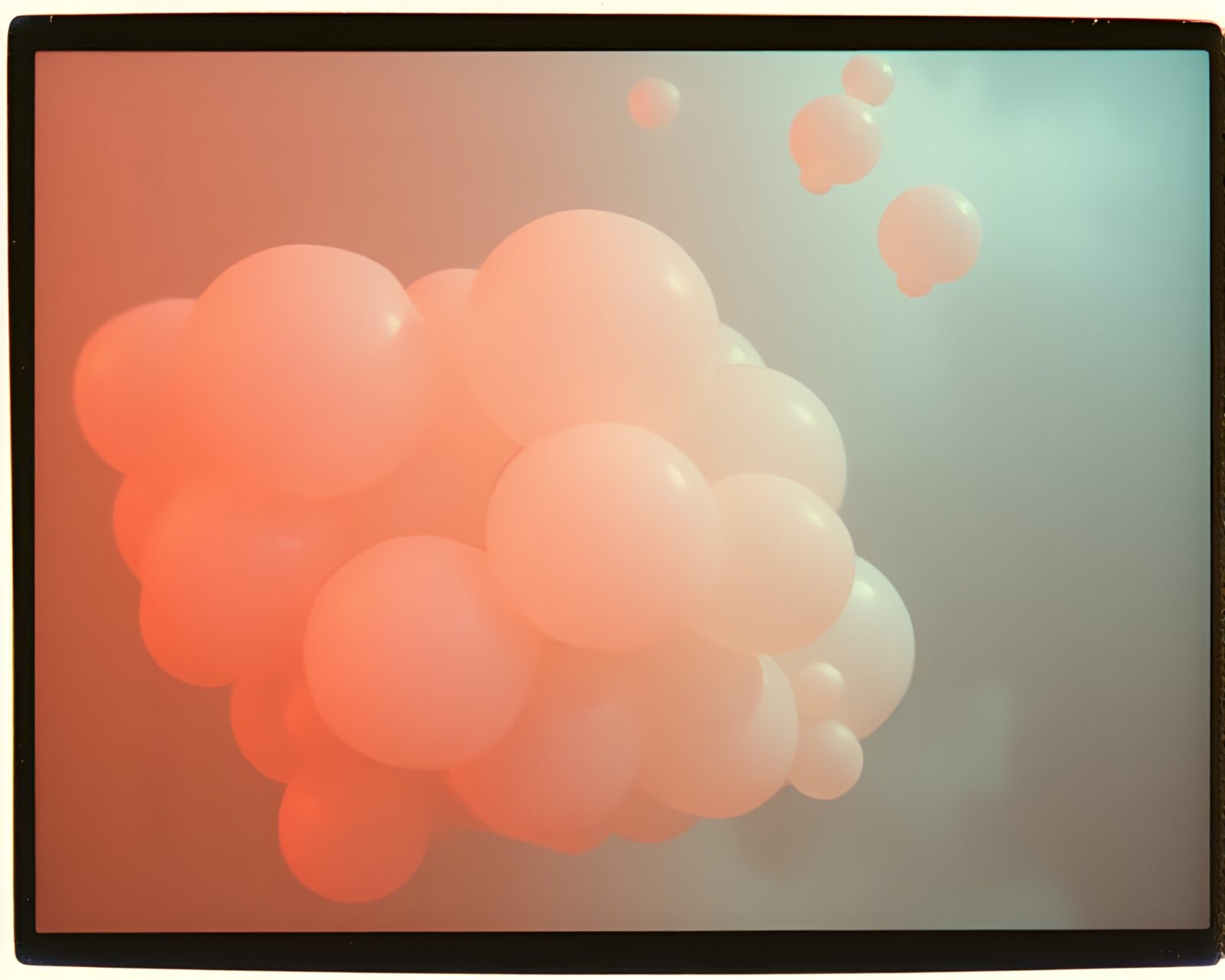 Fantastical goblin surrounded by shimmering duochrome bubbles in vintage polaroid style.
