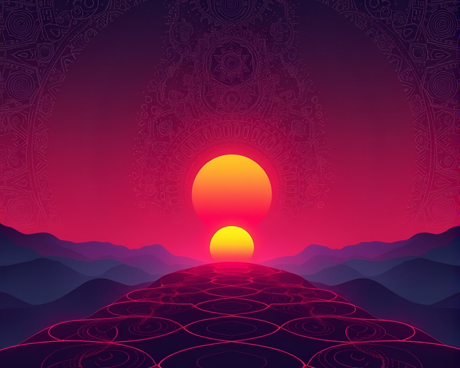 Minimalist design with intricate patterns at a sorcery sunset