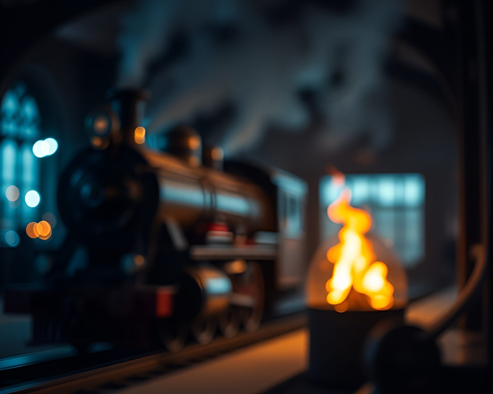 Vintage locomotive in x-ray style with flickering fireplace