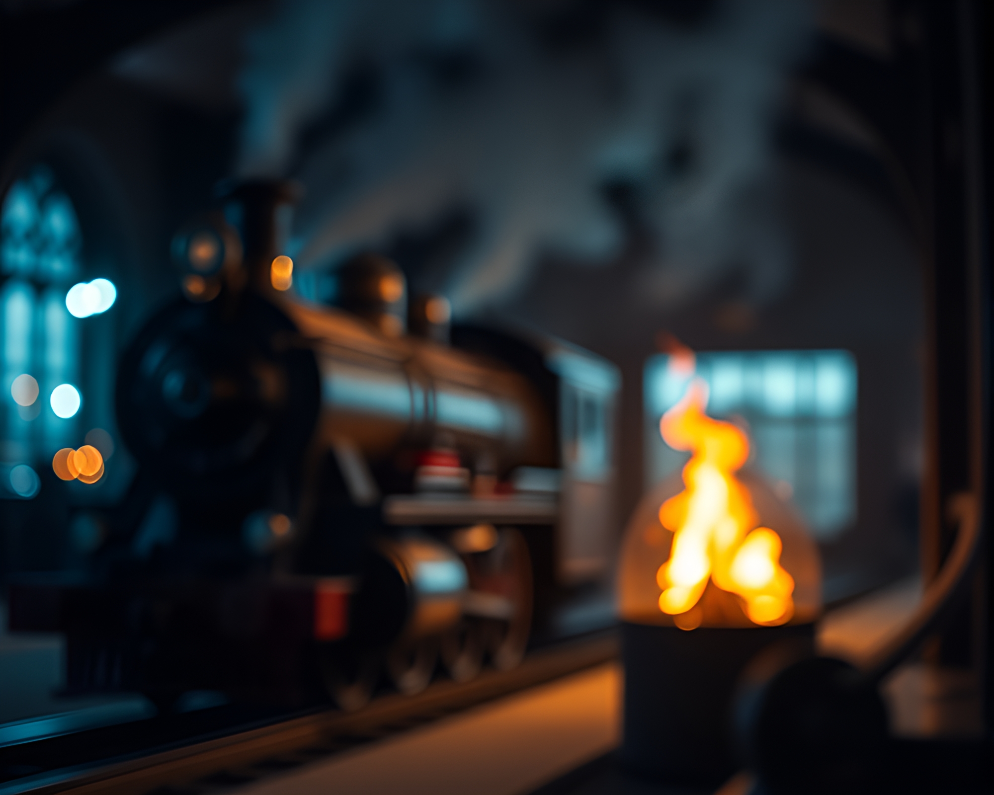 Steam Locomotive X-Ray Vision Bokeh Fireplace Scene – free AI stock image