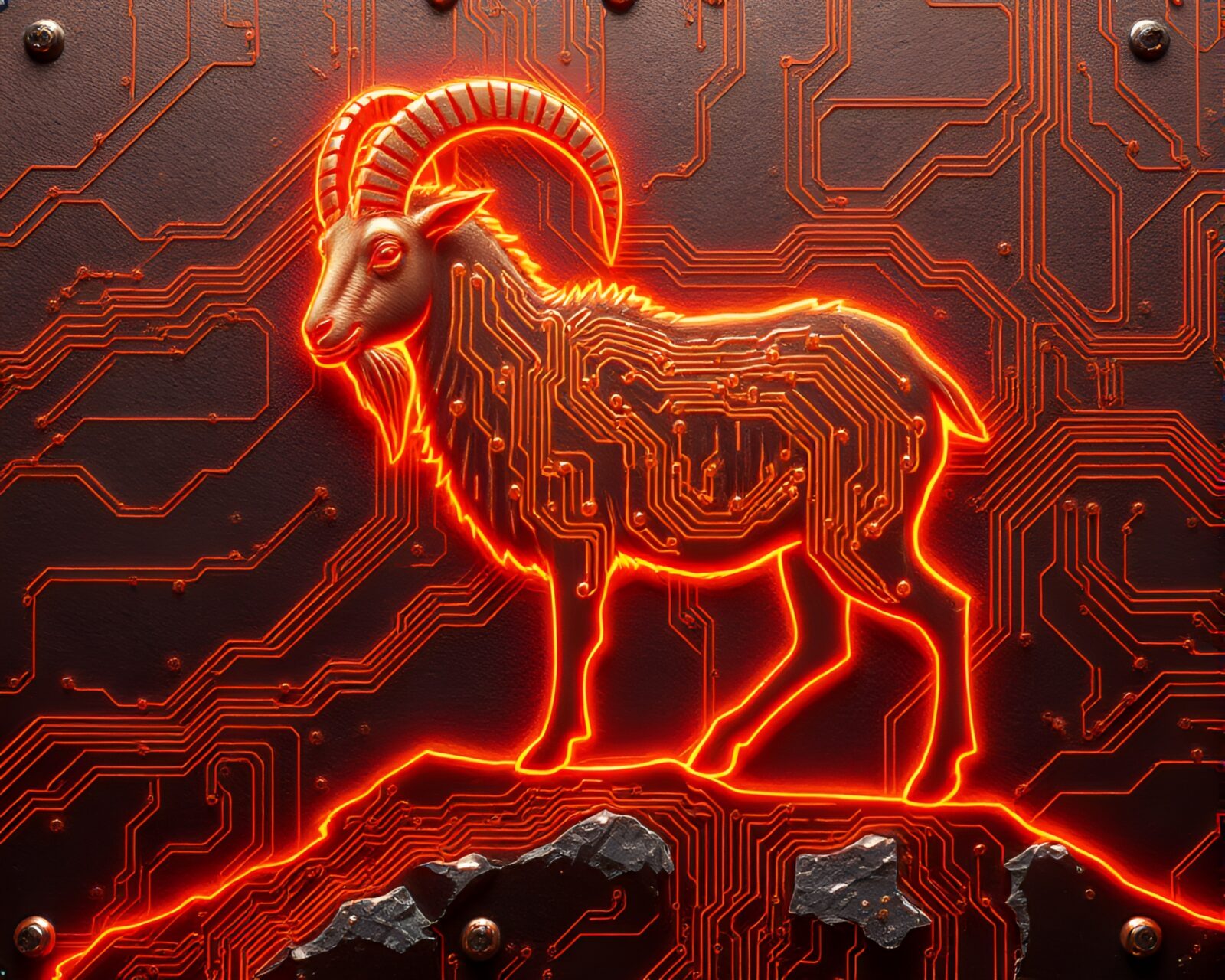 Electrically inspired mountain goat in glowing copper tones