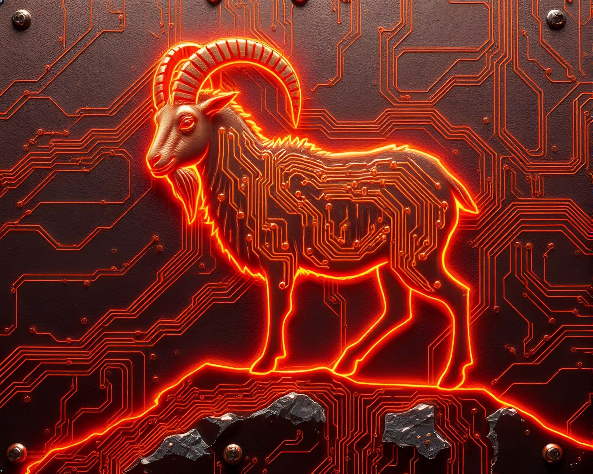 Mountain Goat Inspires Circuit Board Traces in Copper Glow – free AI stock image