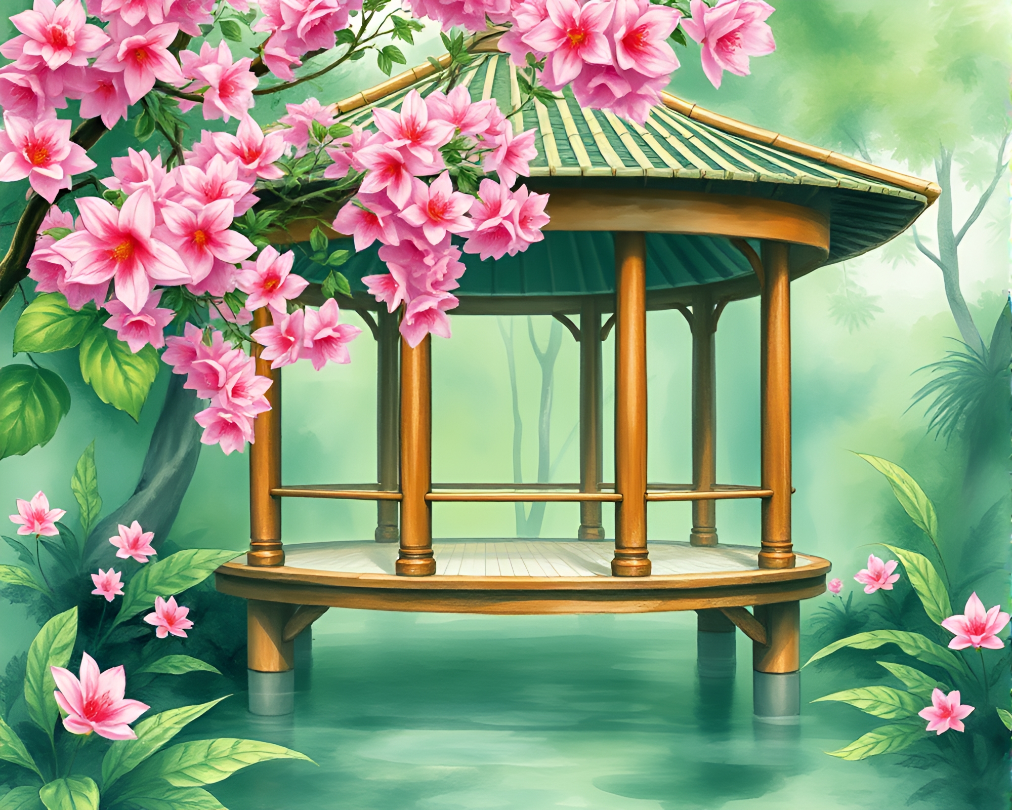Impressionist Floating Pavilion in Rainforest Green Haze – free AI stock image