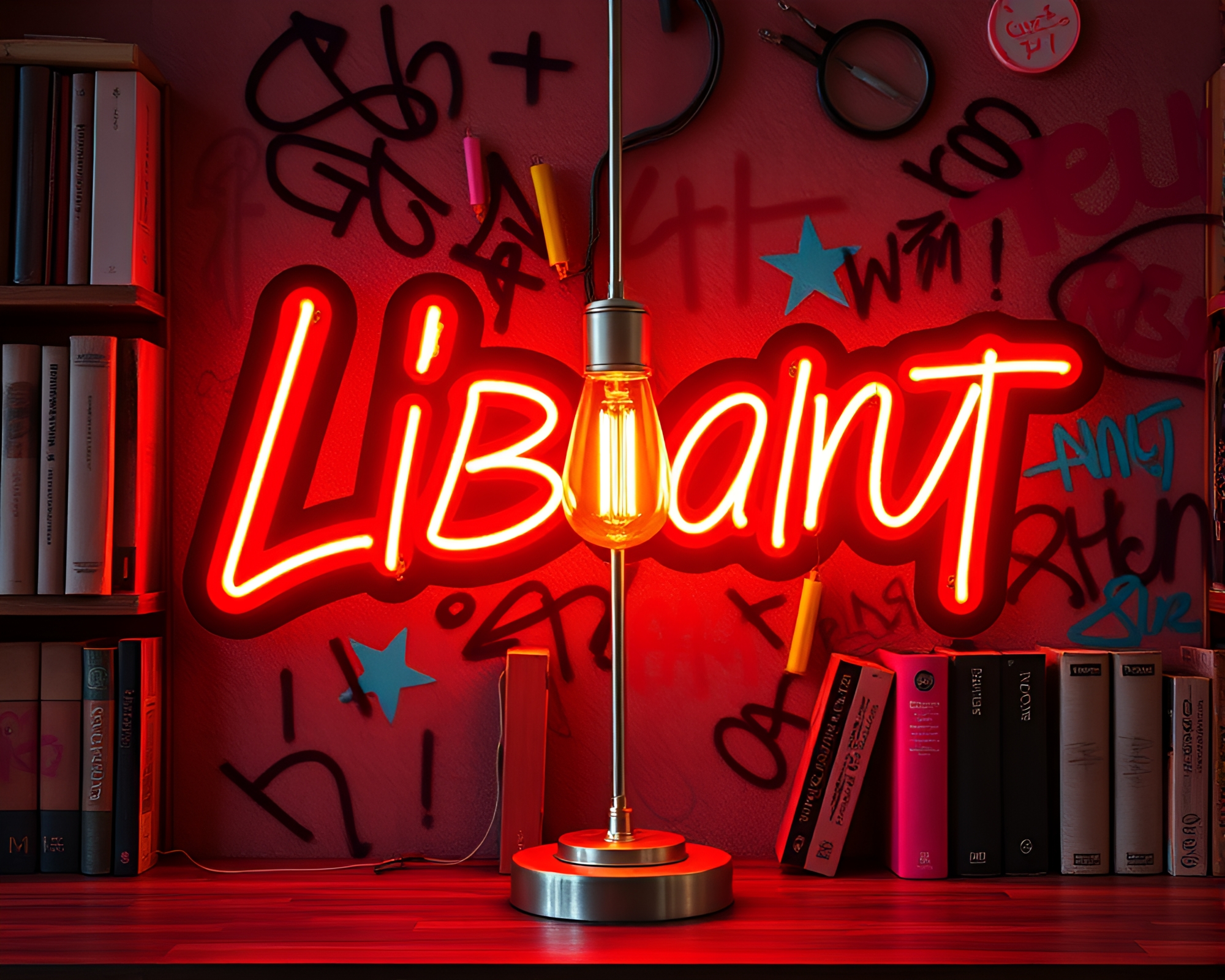 Glowing Neon Graffiti in Skeuomorphic Library Setting – free AI stock image