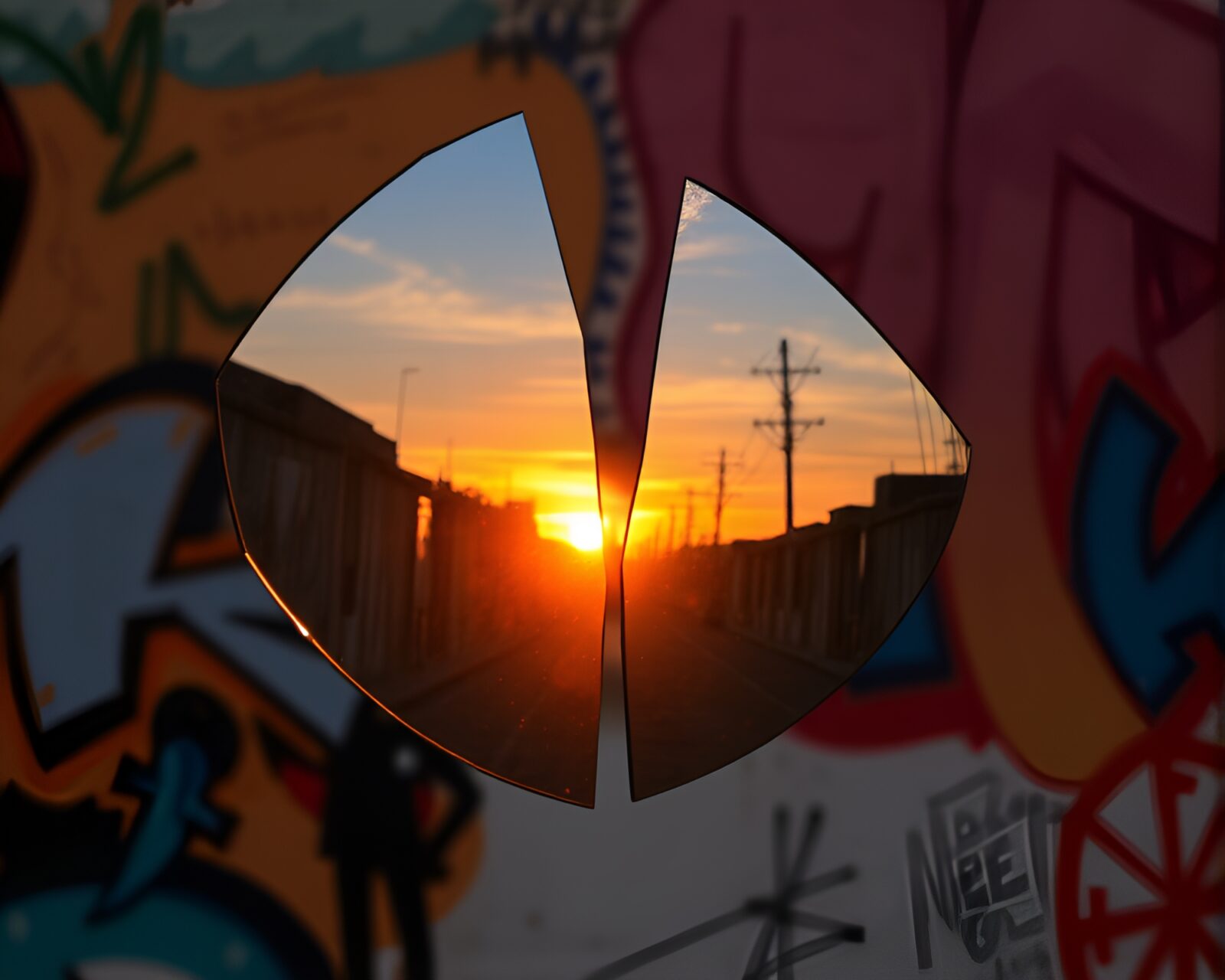 Colorful graffiti shard reflecting a ramen bowl in sunset