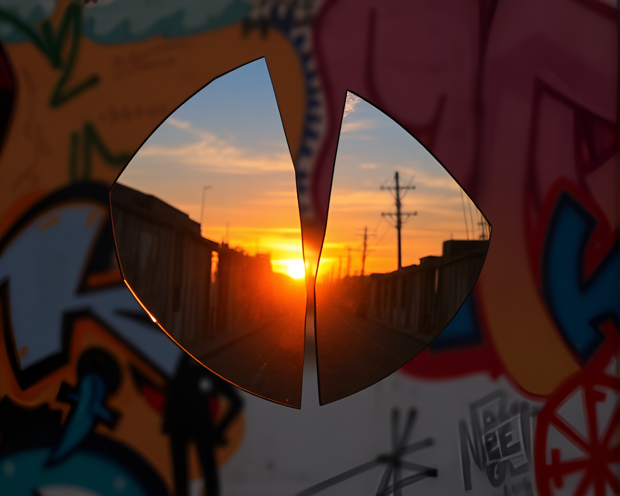 Ramen Bowl Reflection in Graffiti Shard at Sunset – free AI stock image
