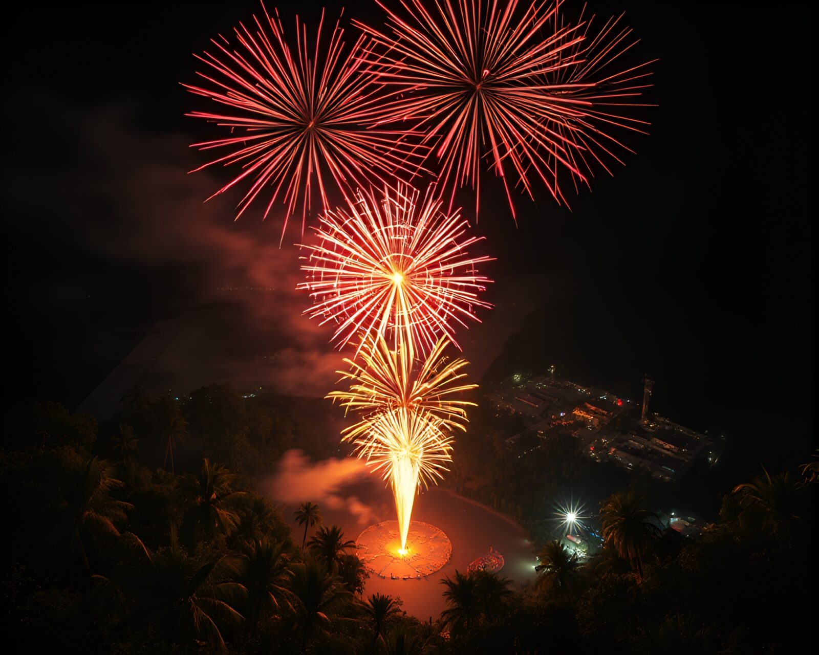 Grisaille styled toucan overlooking vibrant festival fireworks glow from above