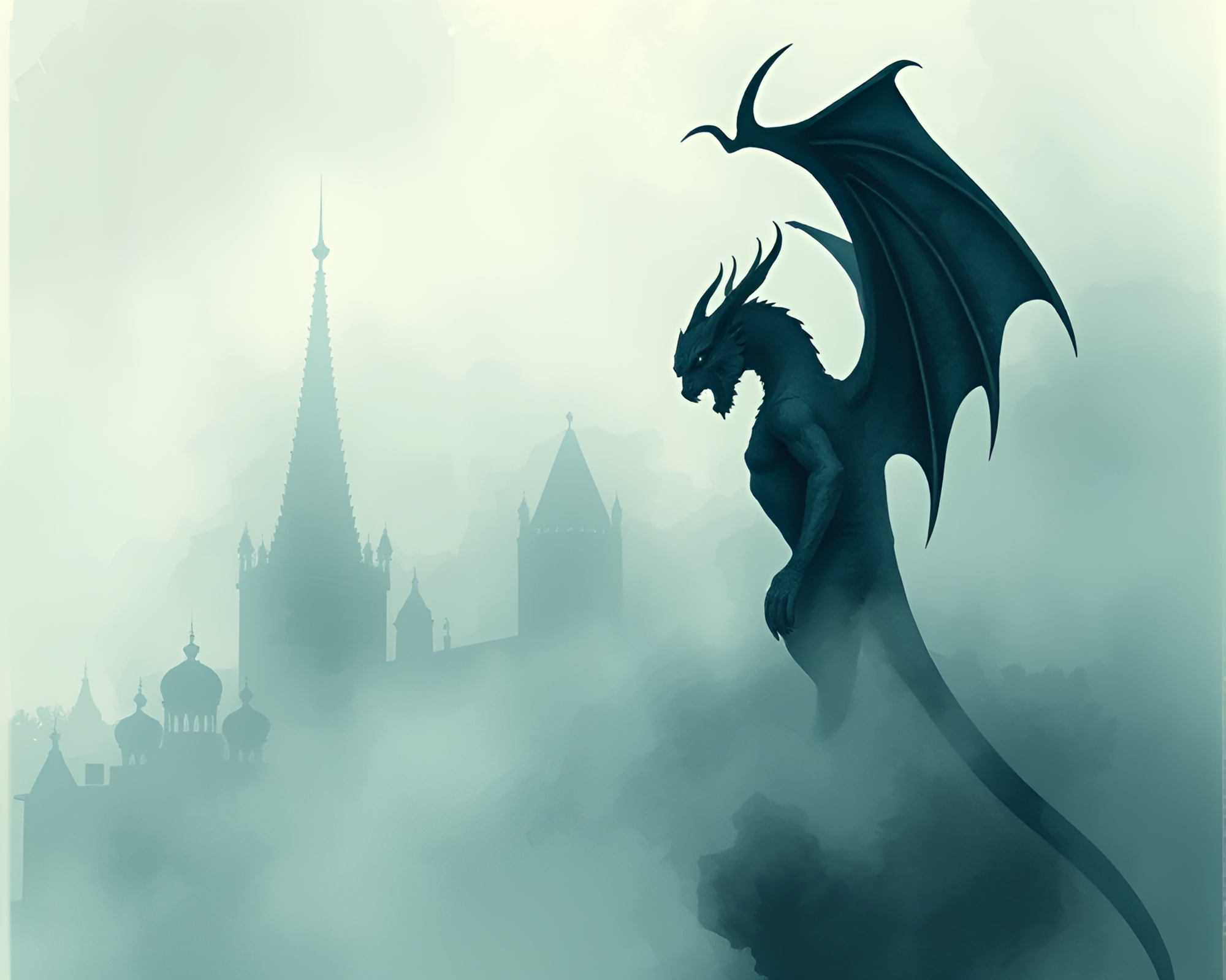Majestic Gargoyle Statue in Ethereal Fog – free AI stock image