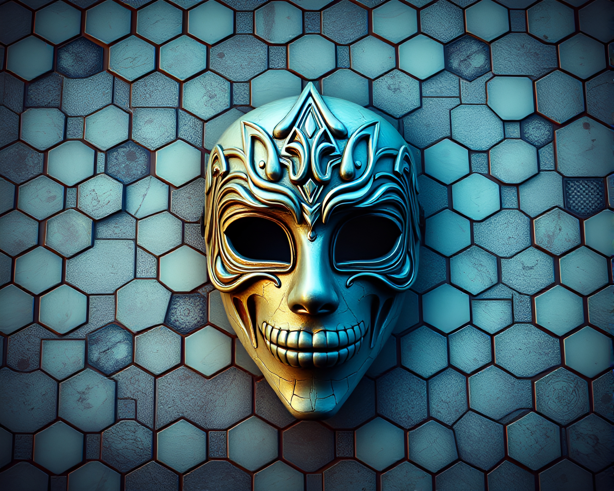 Hexagonal Venetian Mask Composition – free AI stock image