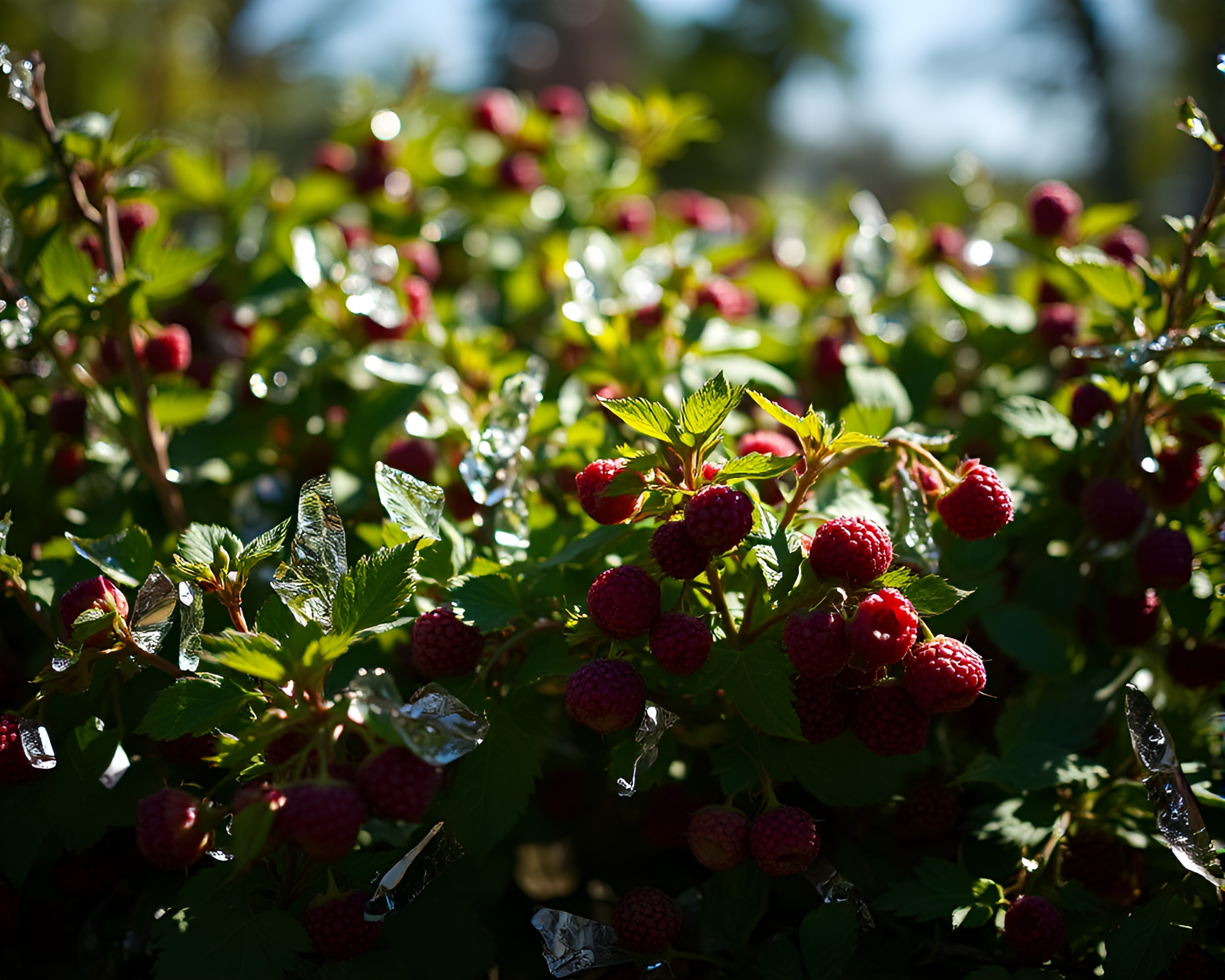 Raspberry bush in attic shadow with glass shard arrangements – free AI stock image