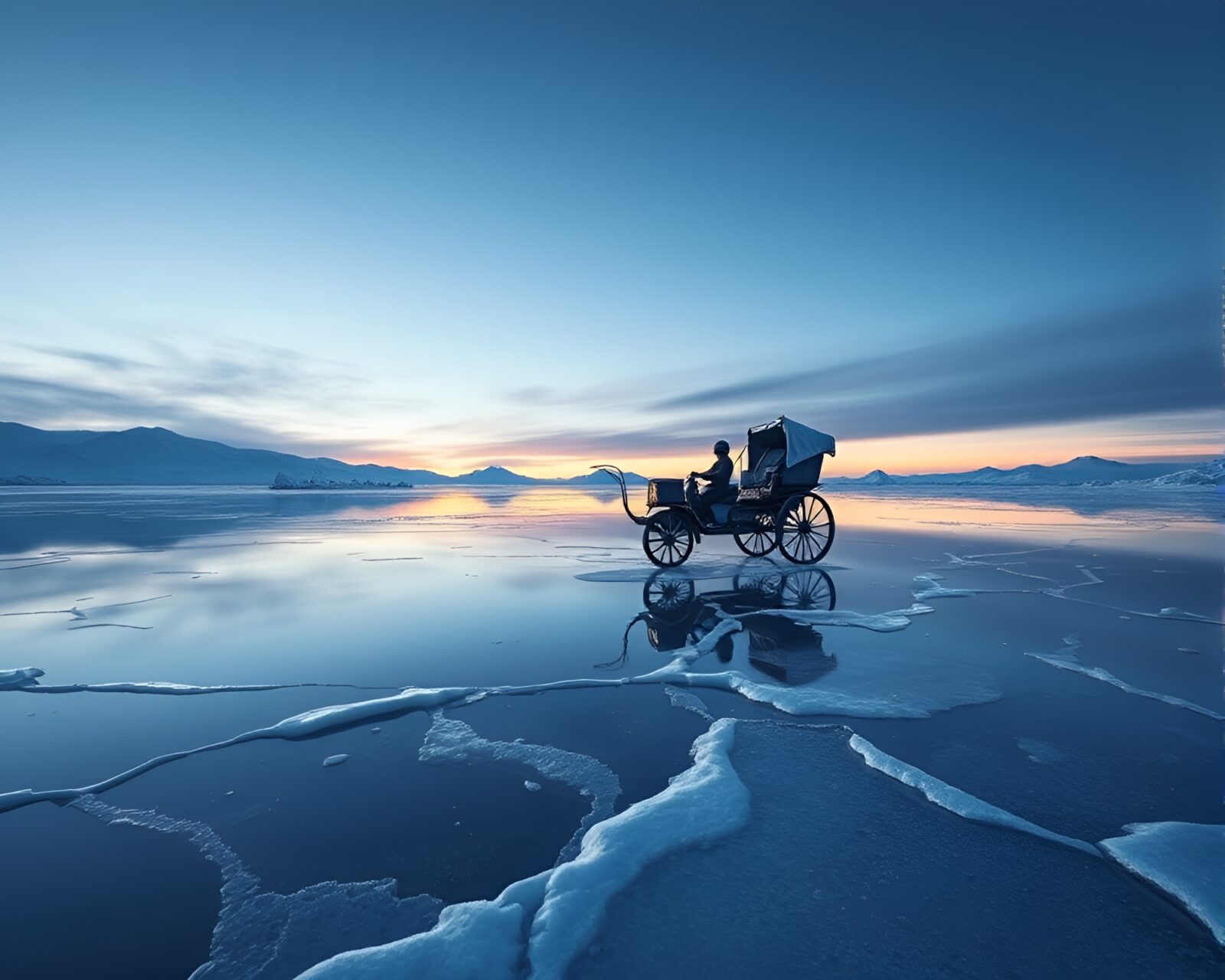 Toon-shaded chariots speed over icy, fractured mirror surface