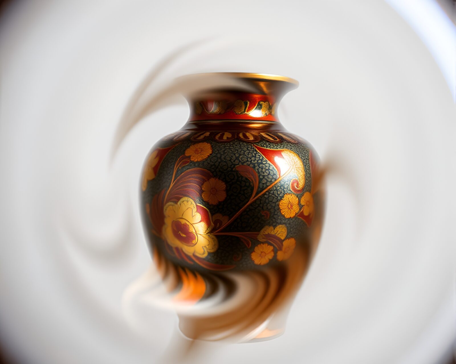 Abstract swirls envelop a cloisonné vase with bronze glow.