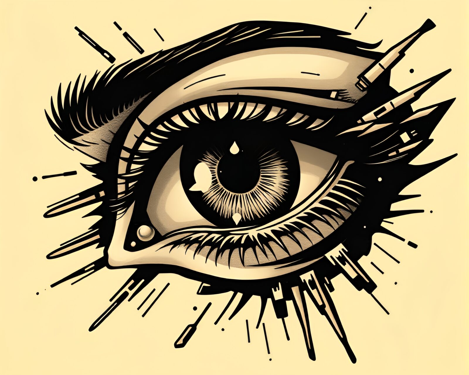 Tilted composition of a cybernetic eye in tattoo style
