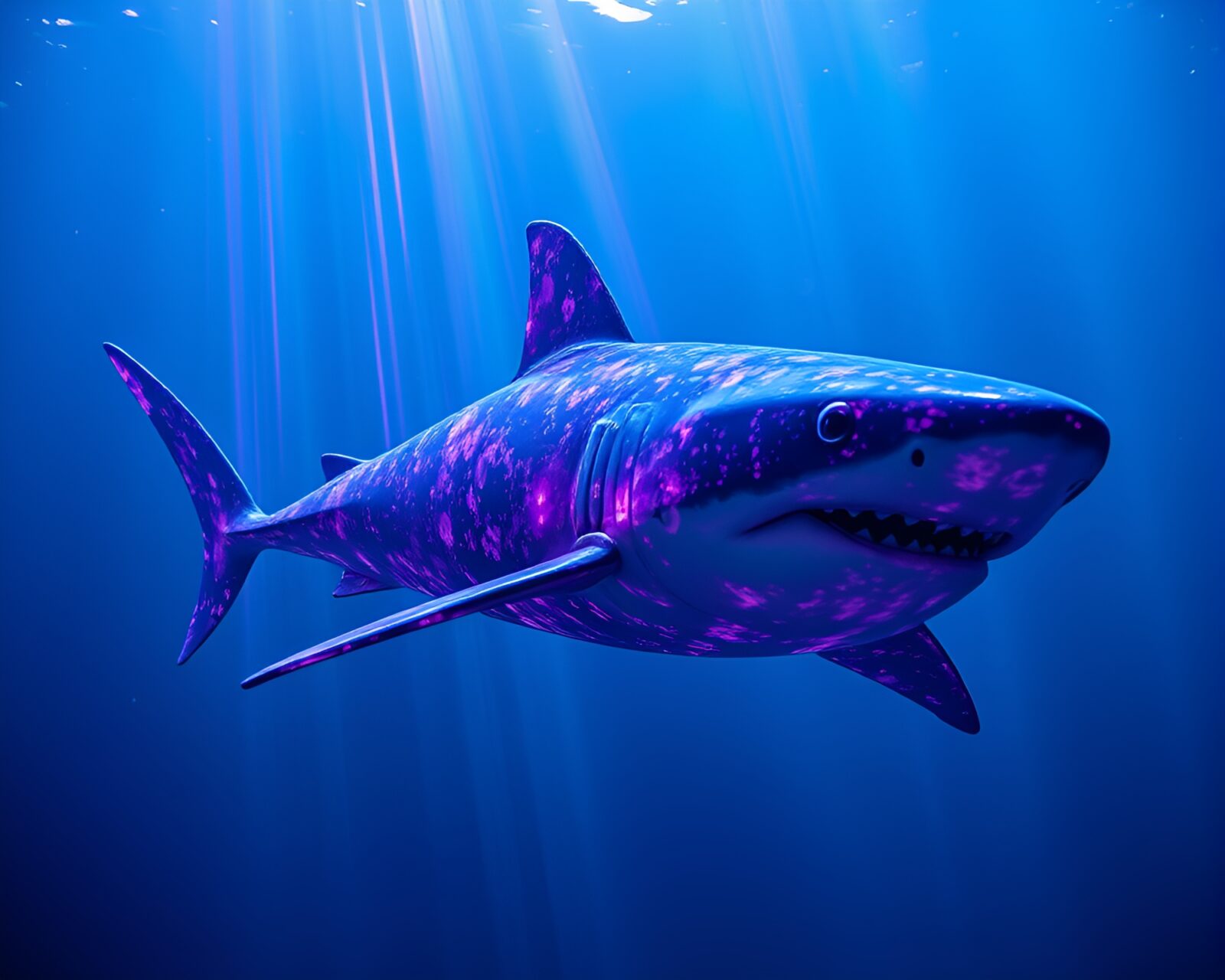 Glowing shark amidst amethyst light trails with holographic texture