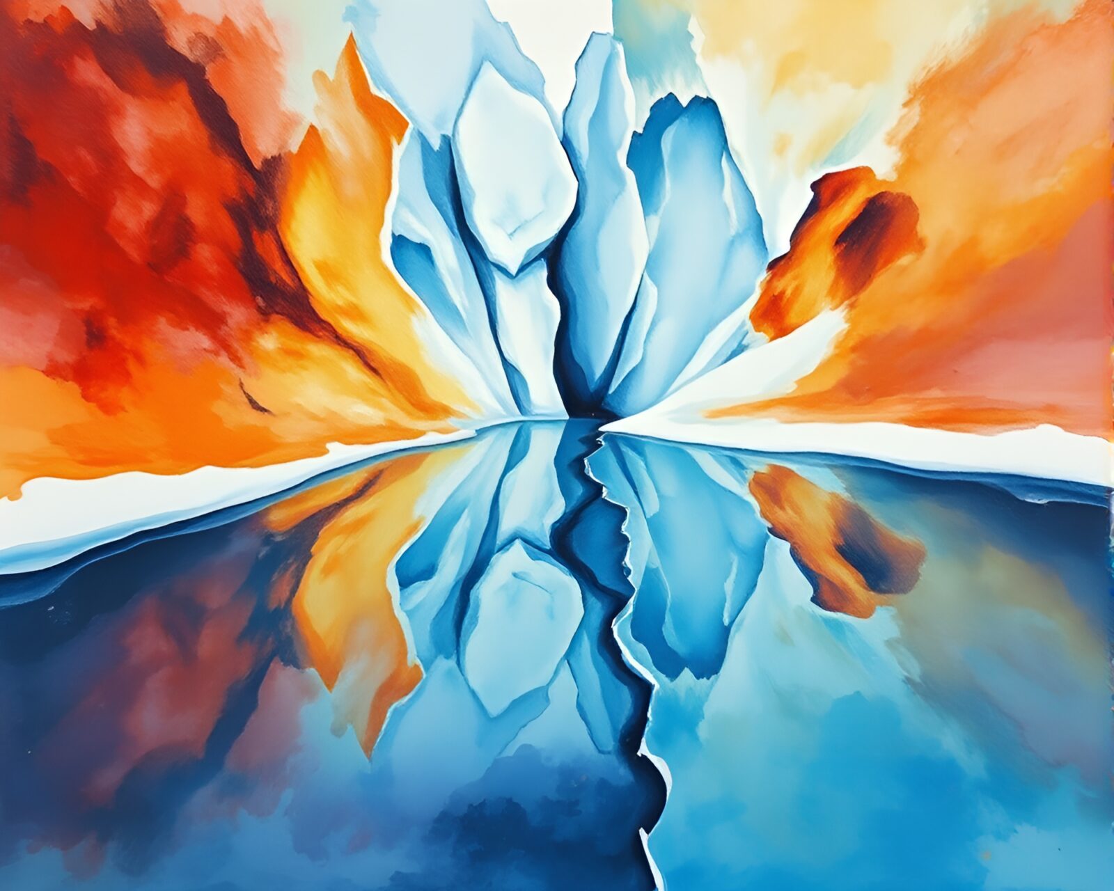Colorful gouache painting of geyser field with ice reflection crack
