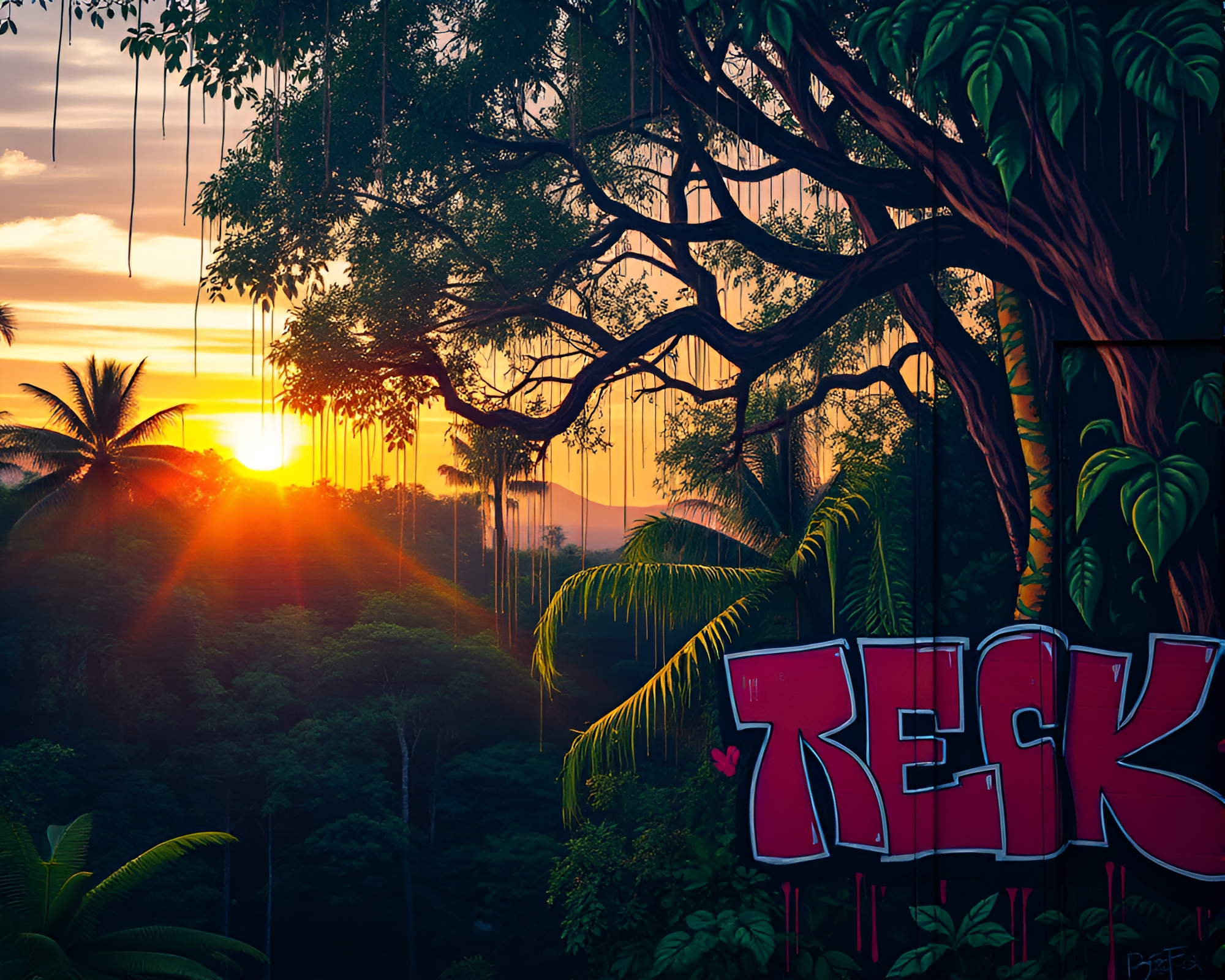 Vibrant Rainforest Canopy Mural at Golden Hour Dusk – free AI stock image