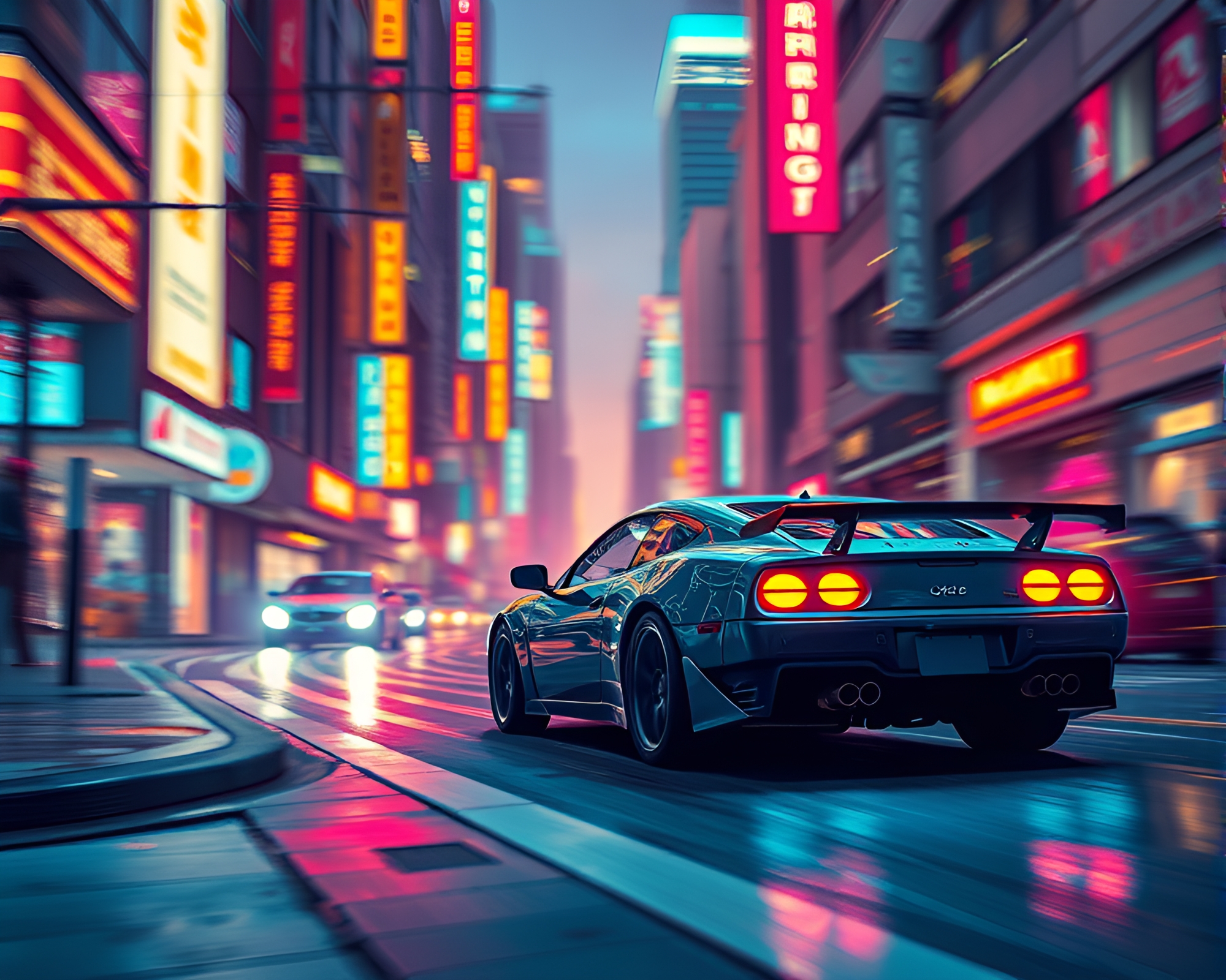 Futuristic Flying Car Zooming Through Cyberpunk Cityscape – free AI stock image