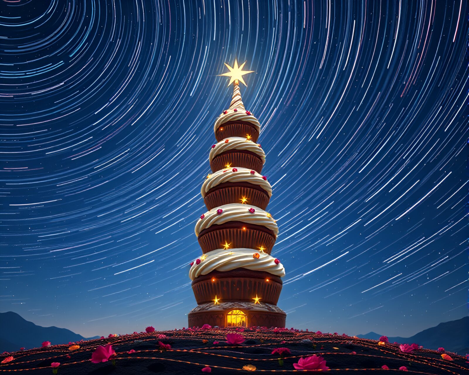 Vibrant and textured cupcake tower circling under star trails
