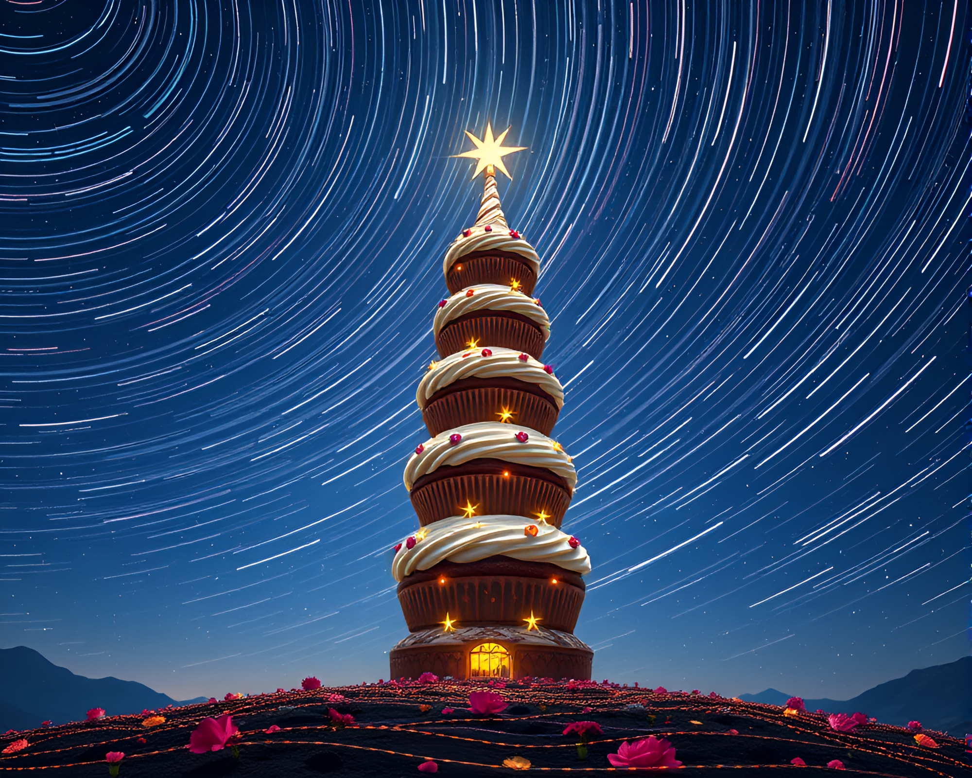 Star Trails Cupcake Tower in AI-generated Style – free AI stock image