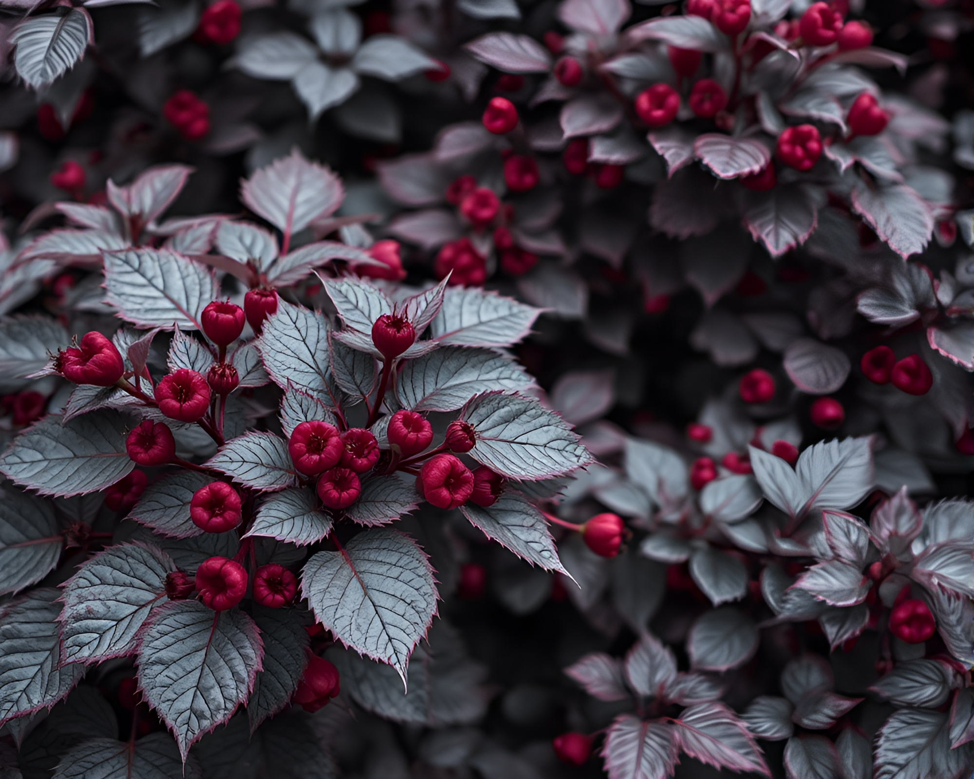 Raspberry Bush in Chiaroscuro with Silver Leaf Accents – free AI stock image