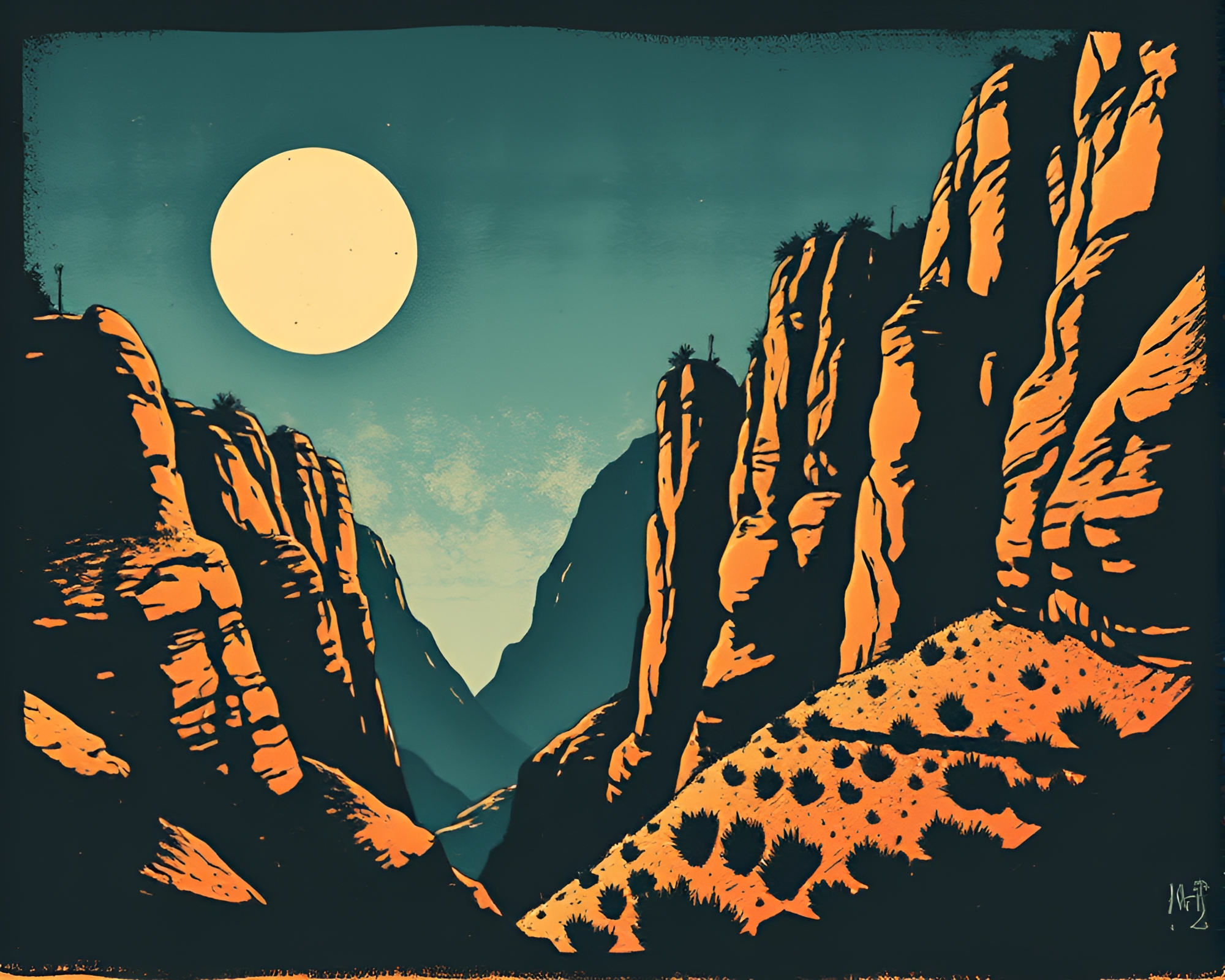 Eroded Canyon Impasto Woodblock Print – free AI stock image