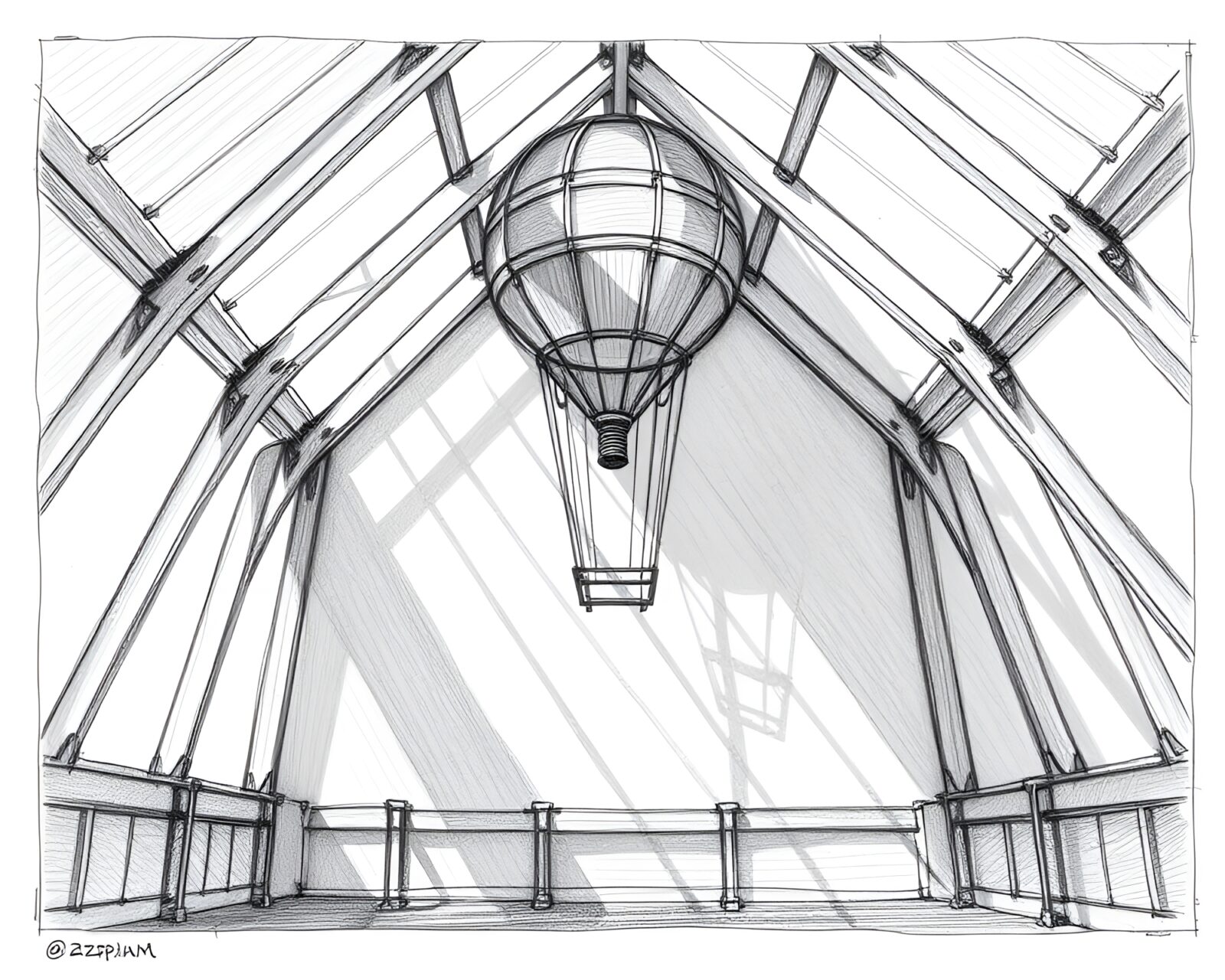 Pencil sketch of a Zeppelin in an attic with architectural frame