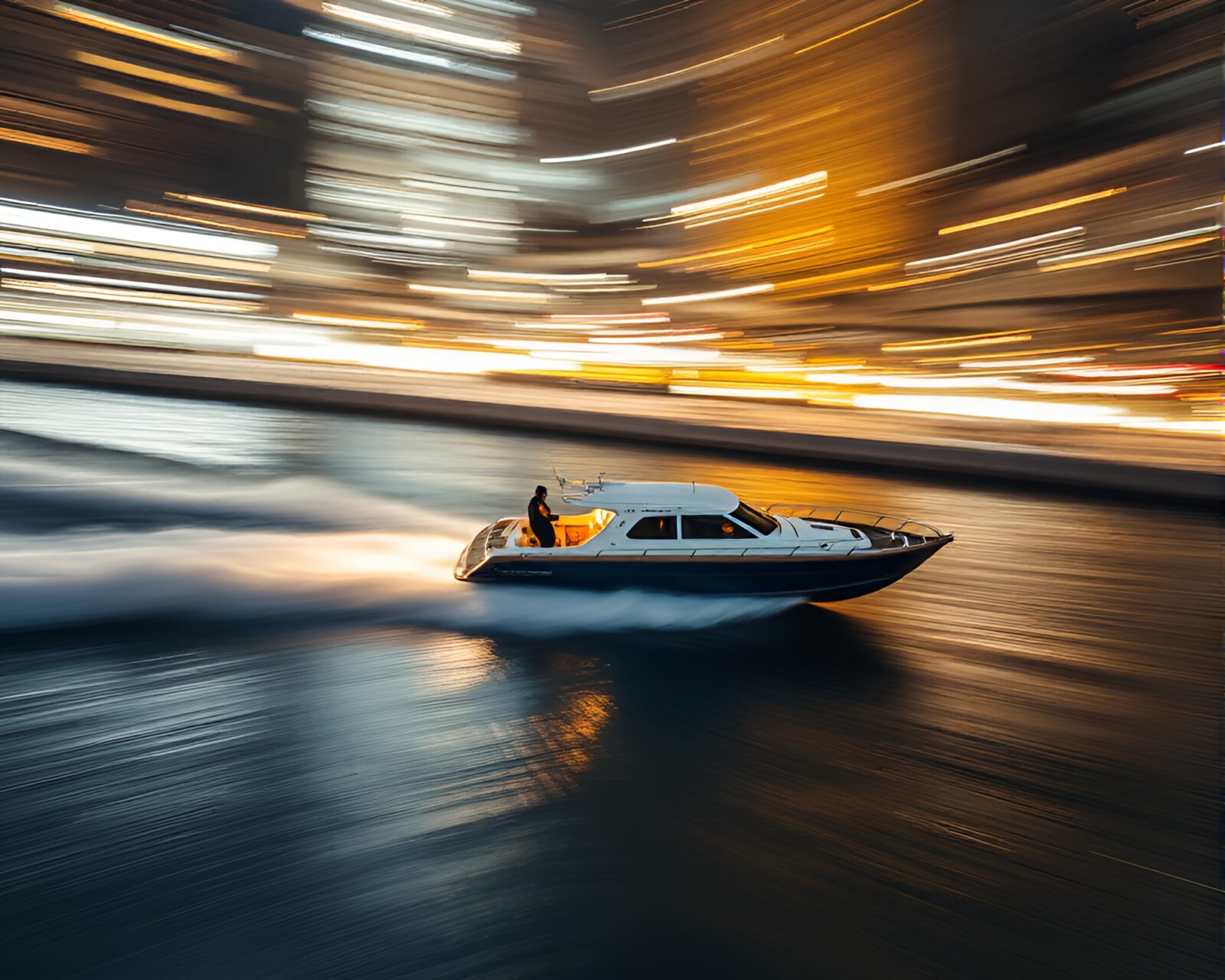 Fast hydrofoil boat racing with pan motion blur effect