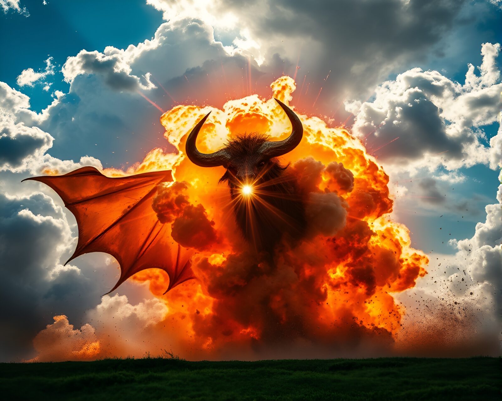 Intense HDR photograph of Minotaur in explosive battle scene
