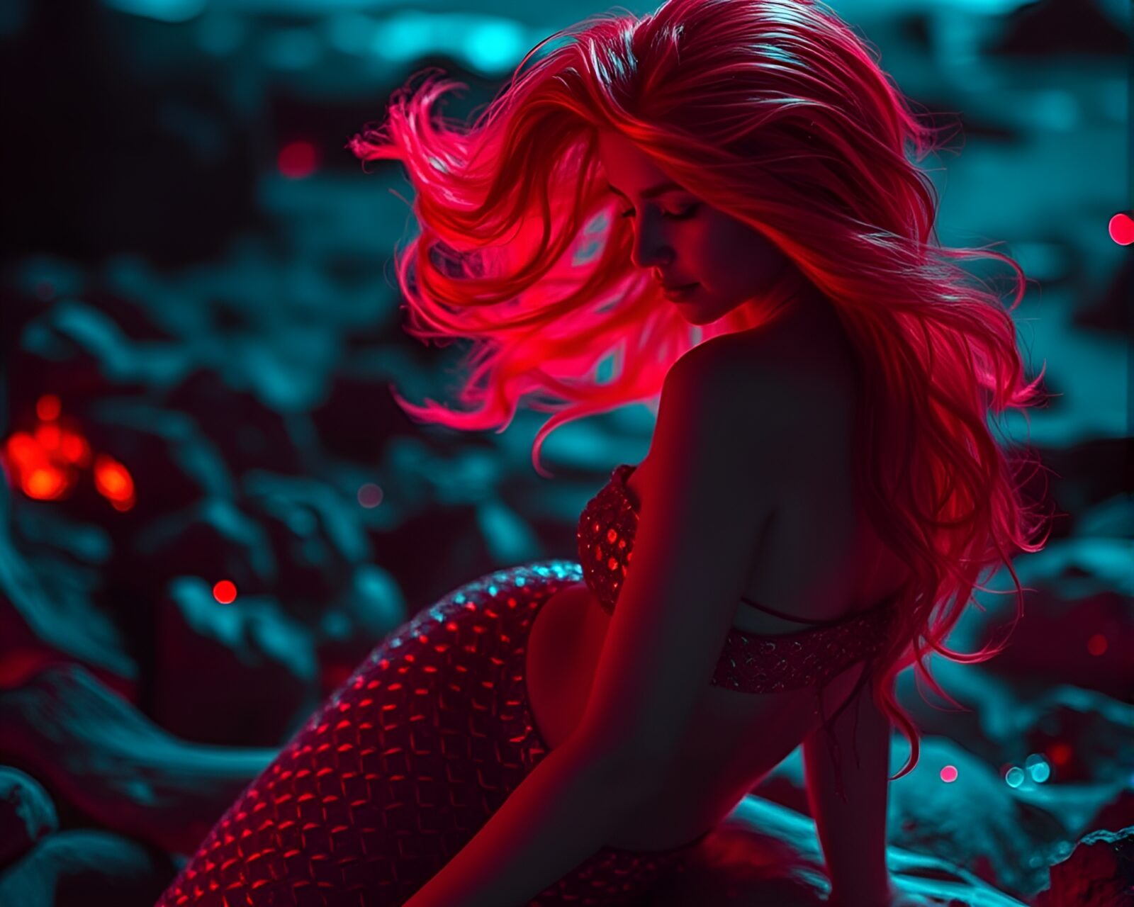 Mermaid in fiery red glow against tilted background