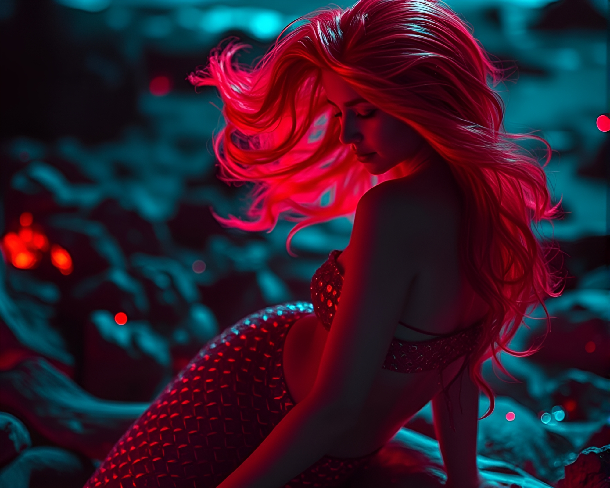 Surreal Mermaid Discovery in Volcano’s Glow – free AI stock image