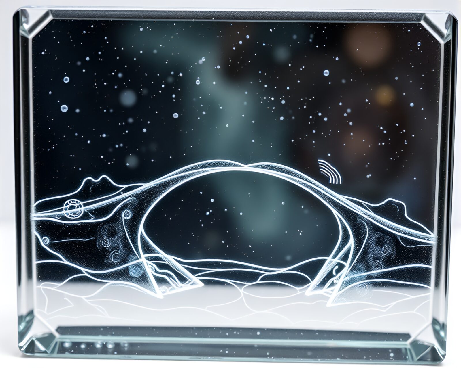 Skeuomorphic design of glass bridge with intricate cosmic engravings