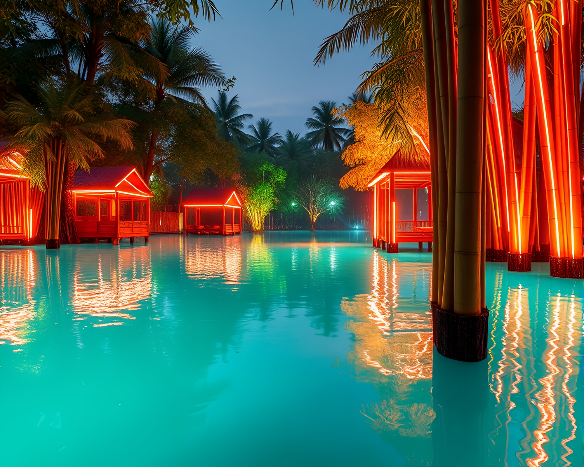 Neon Glowing Bamboo Hut in Turquoise Calm Waters – free AI stock image