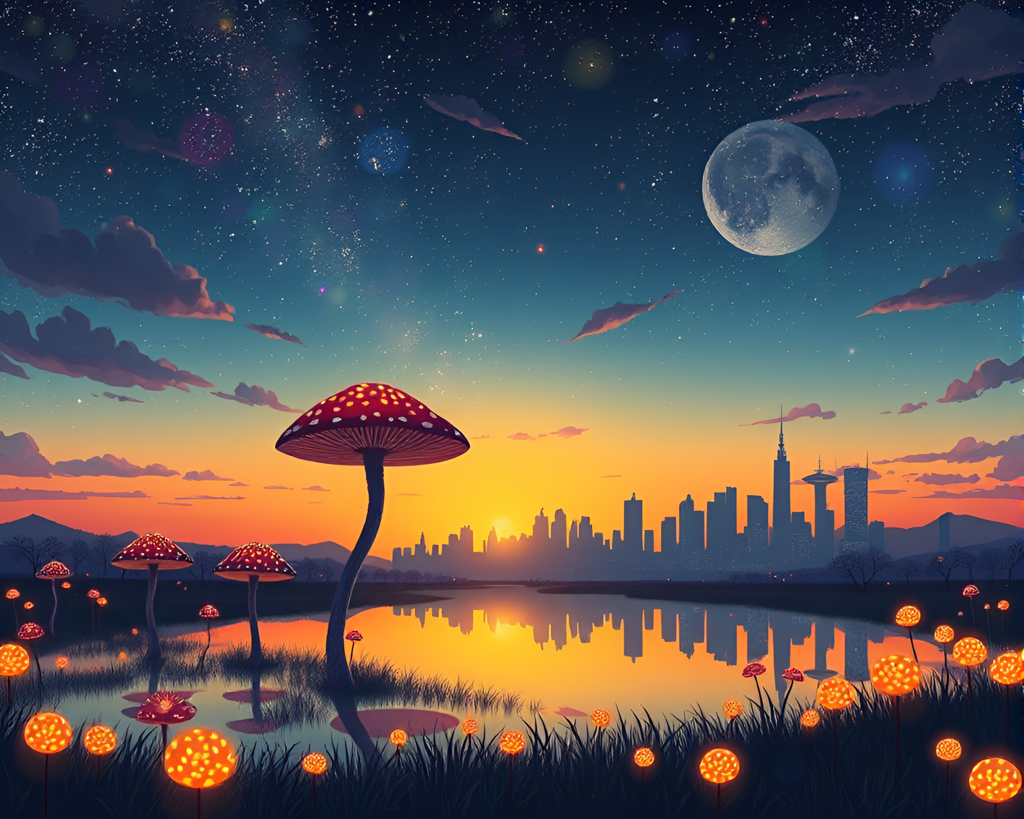 Fantasy Fungal Bioluminescence Reflecting in Sunset Skyline – free AI stock image