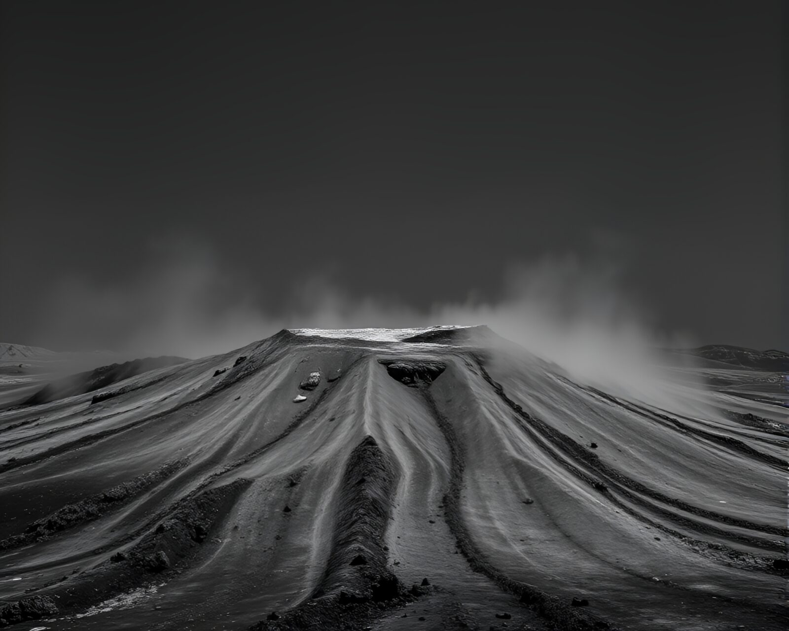 Underwater submarine illuminated by fiery volcanic ash tint