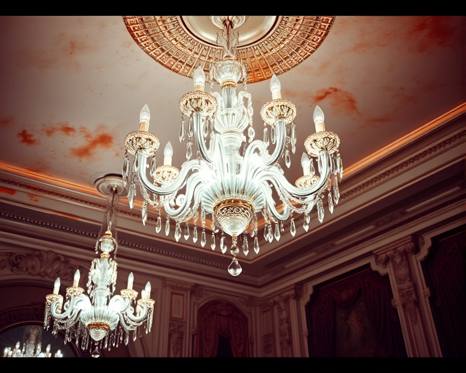 Elegant crystal chandelier in a dimly lit setting with rust stain streaks
