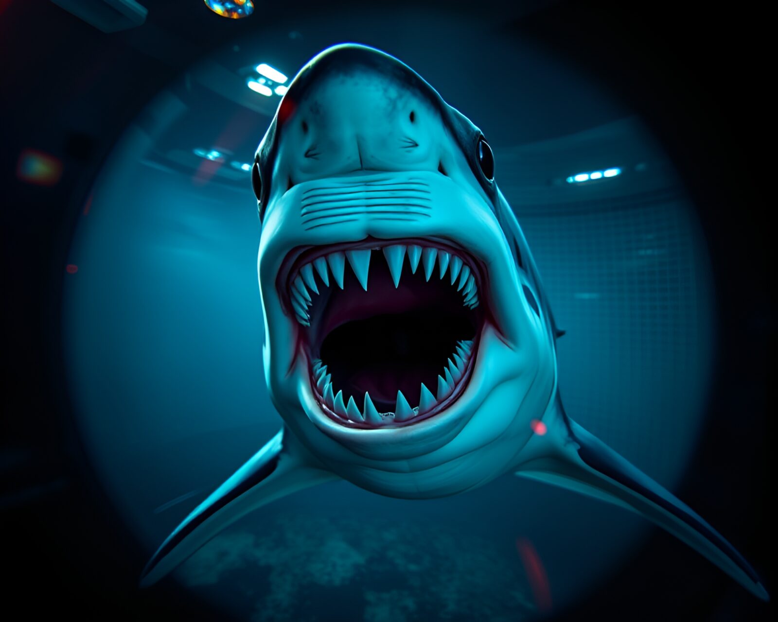 Vibrant fluorescent comic style shark underwater visual split focus