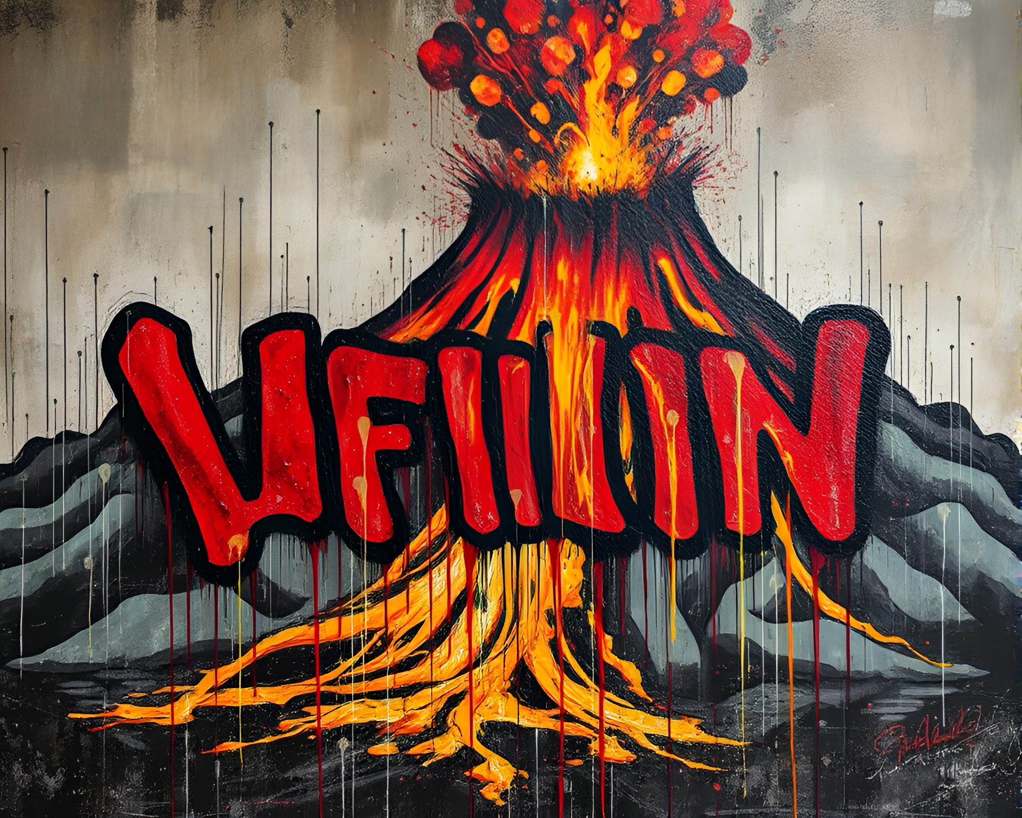 Graffiti Volcano Eruption with Trompe-l’oeil Effect – free AI stock image