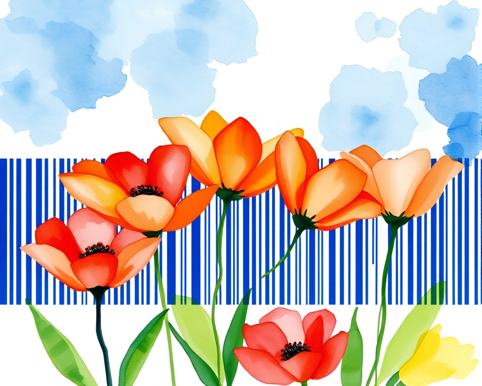 Watercolor painting of steamy hot spring with barcode stripe