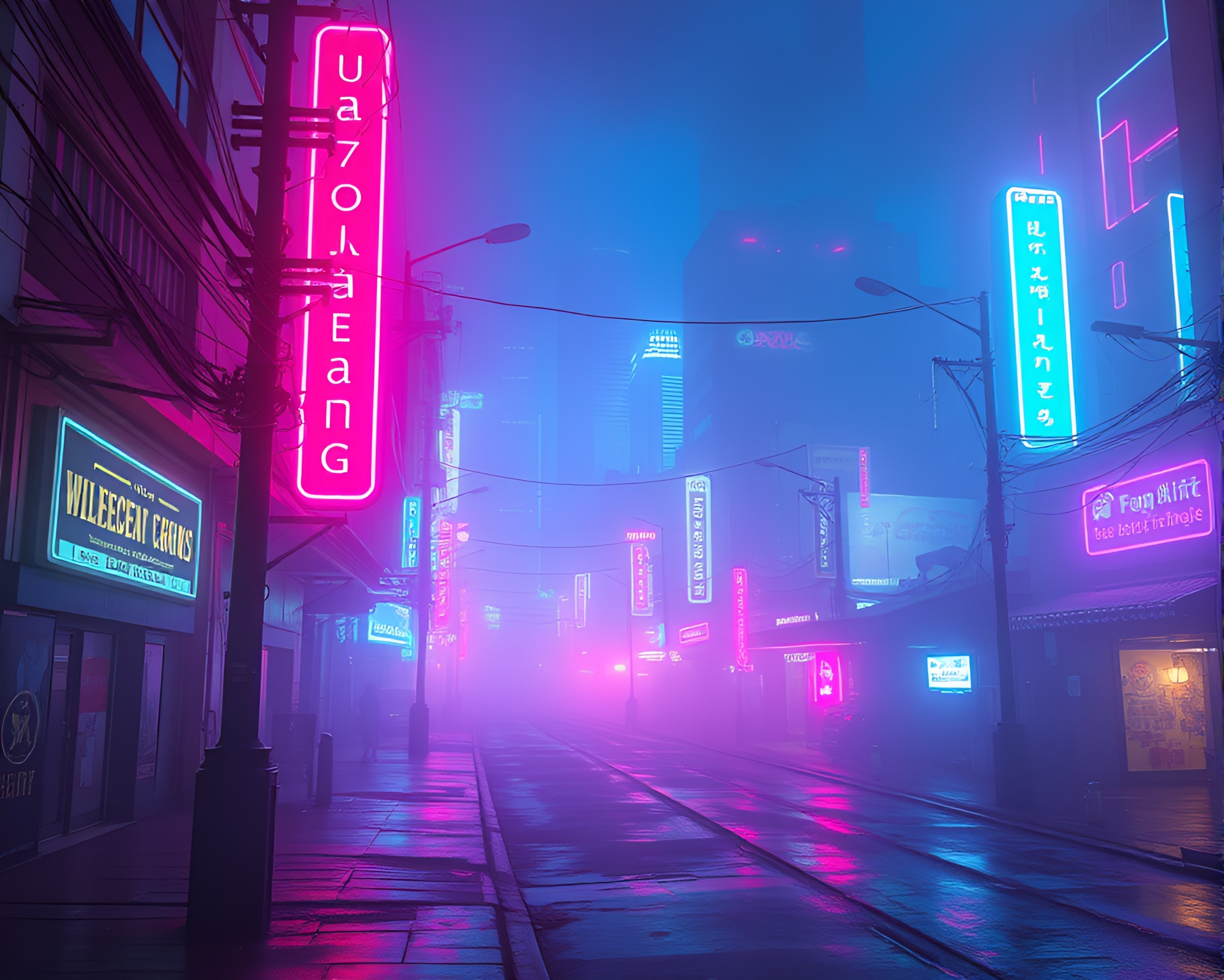 Synthwave Neon City Scrolls in Foggy Night – free AI stock image