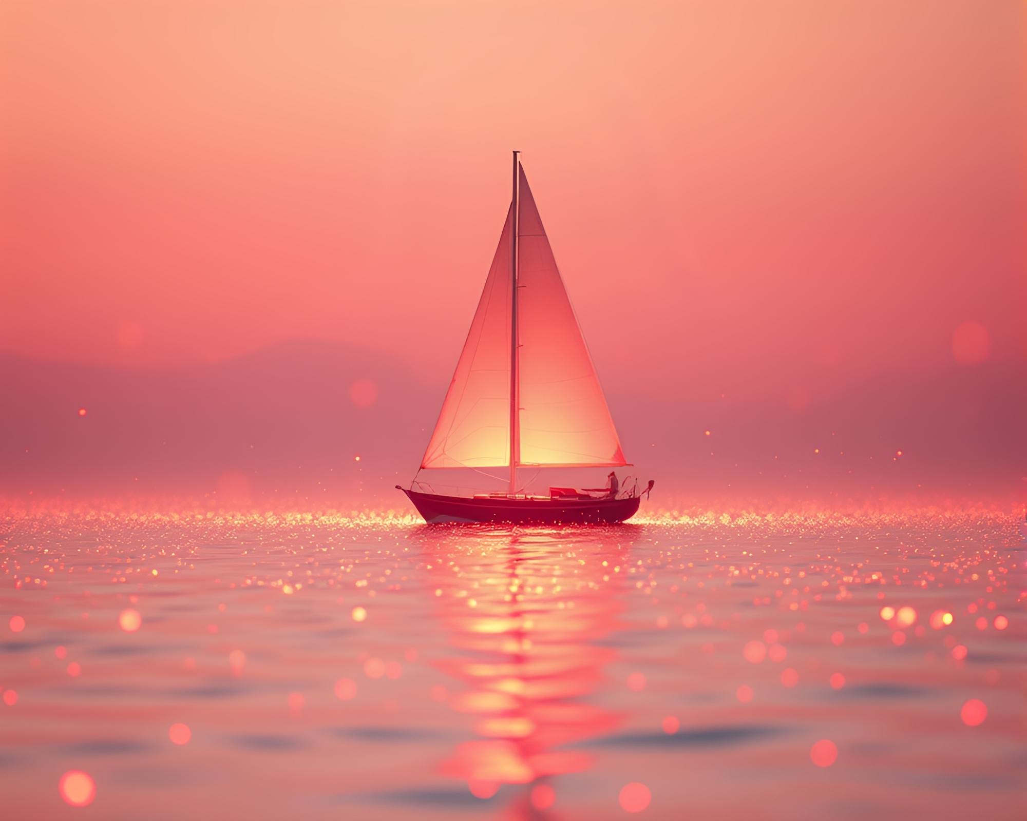Solar Sailboat Amidst Floating Embers in Blush Pink Sky – free AI stock image